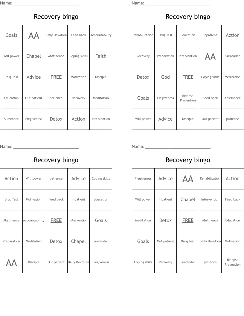 Recovery Bingo - Wordmint intended for Free Printable Recovery Games