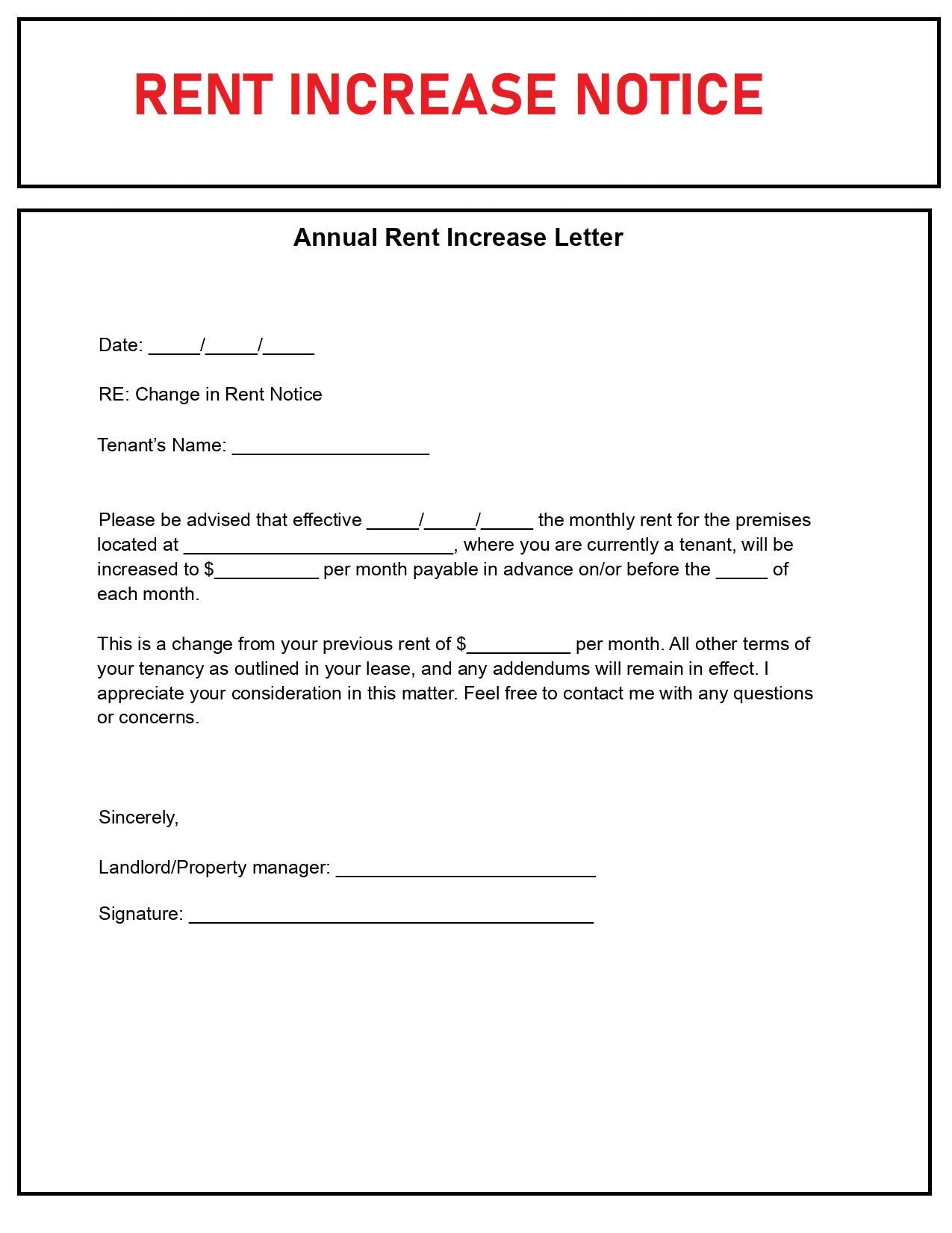 Rental Increase Notice - Rent Increase Form - Editable Word Doc in Free Printable Rent Increase Letter