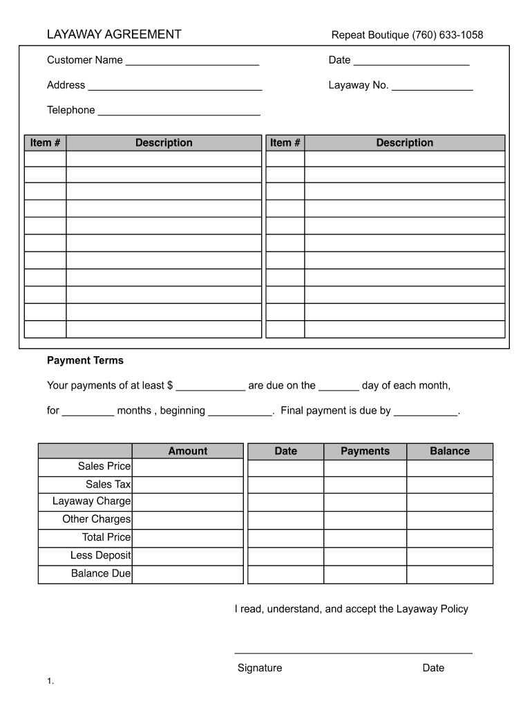 Repeat Boutique Layaway Agreement Form - Fill Online, Printable intended for Free Printable Layaway Forms