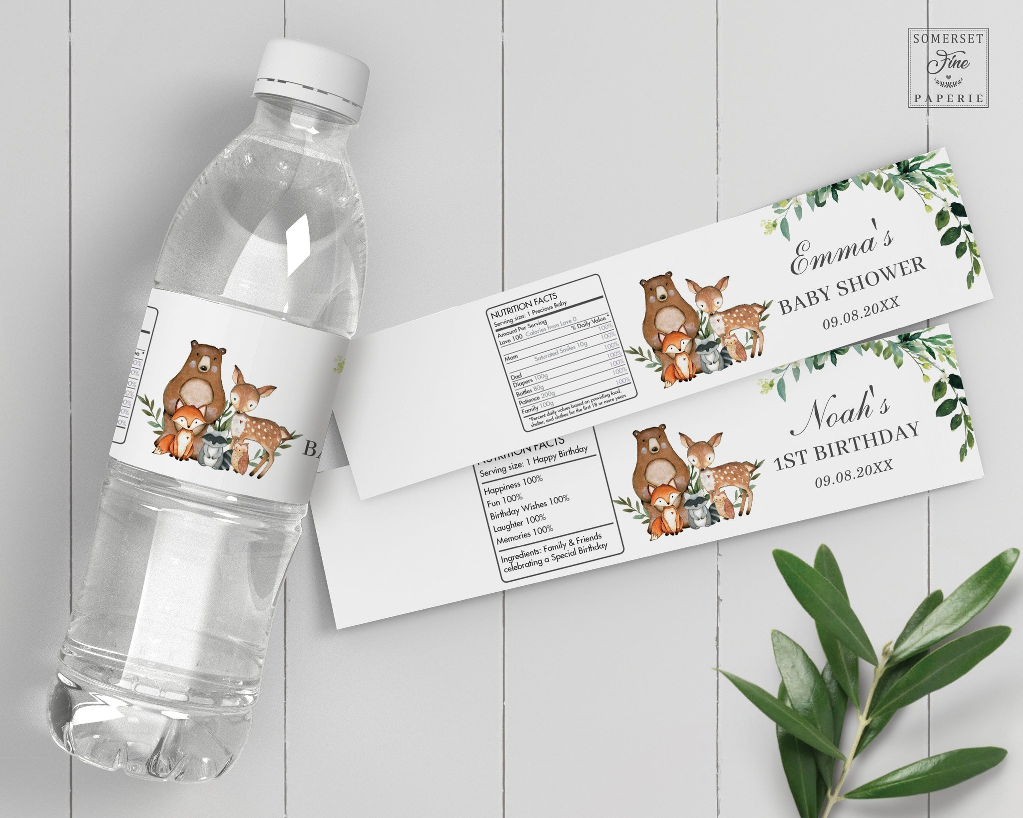 Rustic Greenery Woodland Animals Birthday Baby Shower Water Bottle with Free Printable Baby Shower Labels For Bottled Water