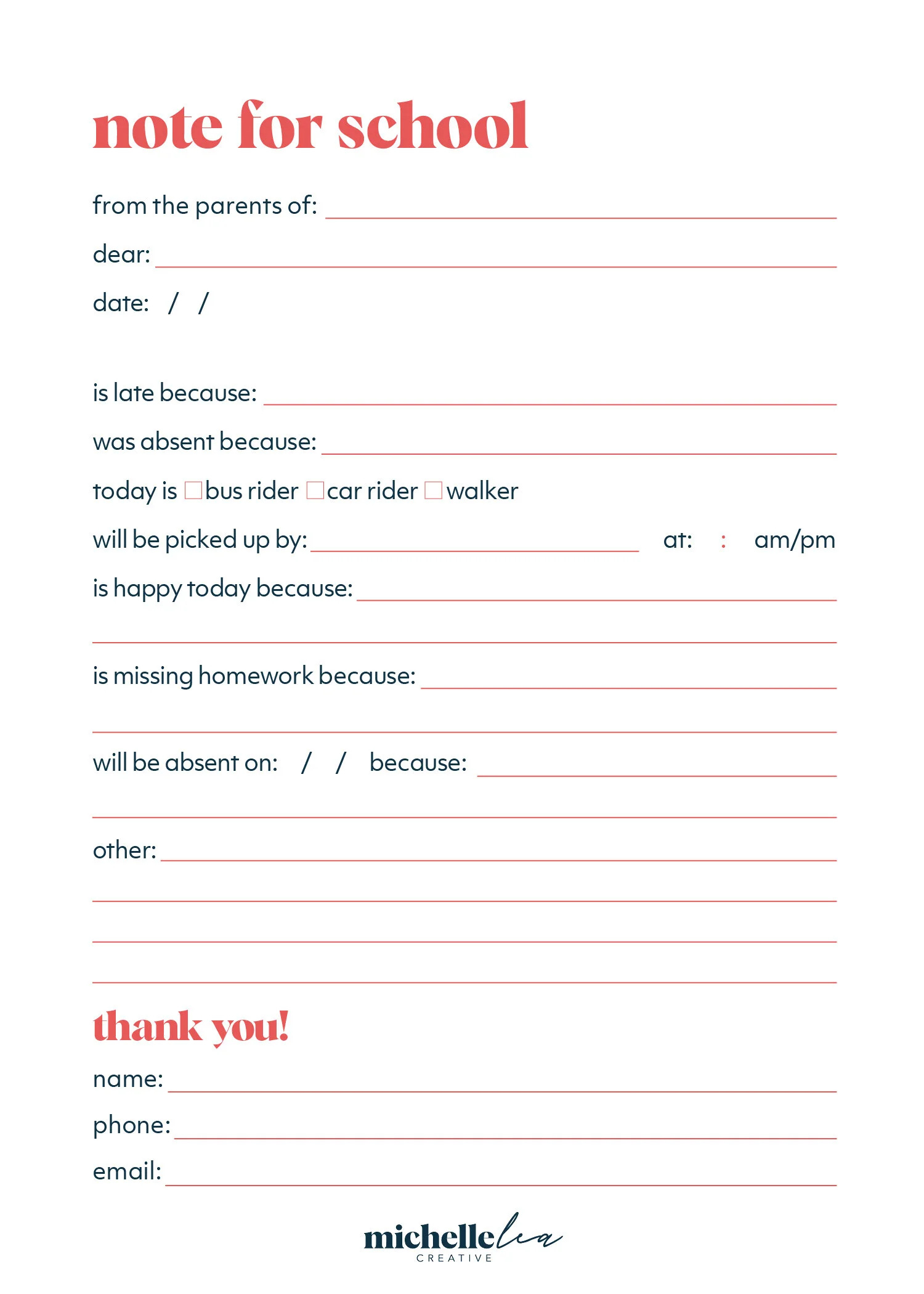 School Note Printable: Free Download — Michelle Lea Creative pertaining to Free Printable School Notes