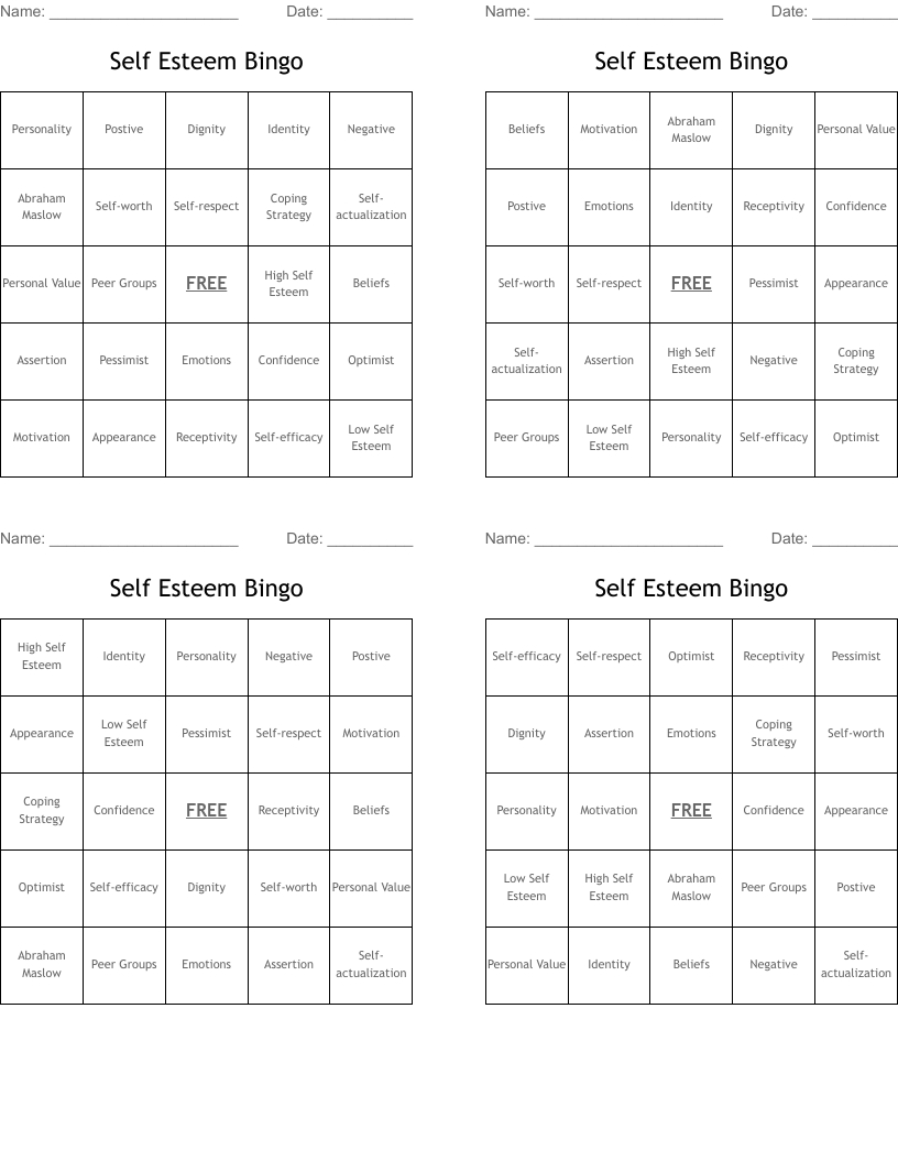 Self Esteem Bingo - Wordmint throughout Free Printable Self Esteem Bingo