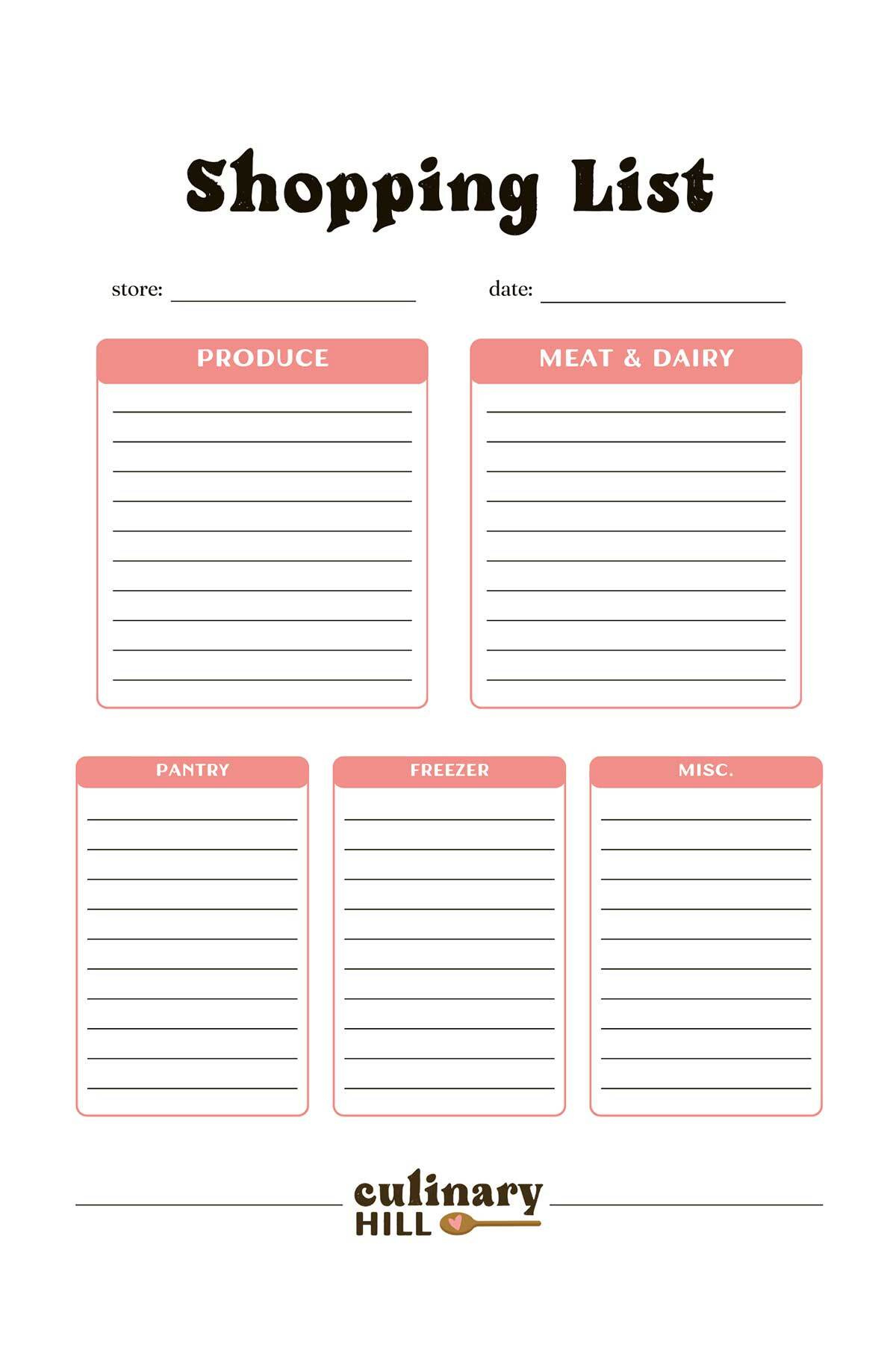 Shopping List Template - Culinary Hill throughout Free Printable Grocery List