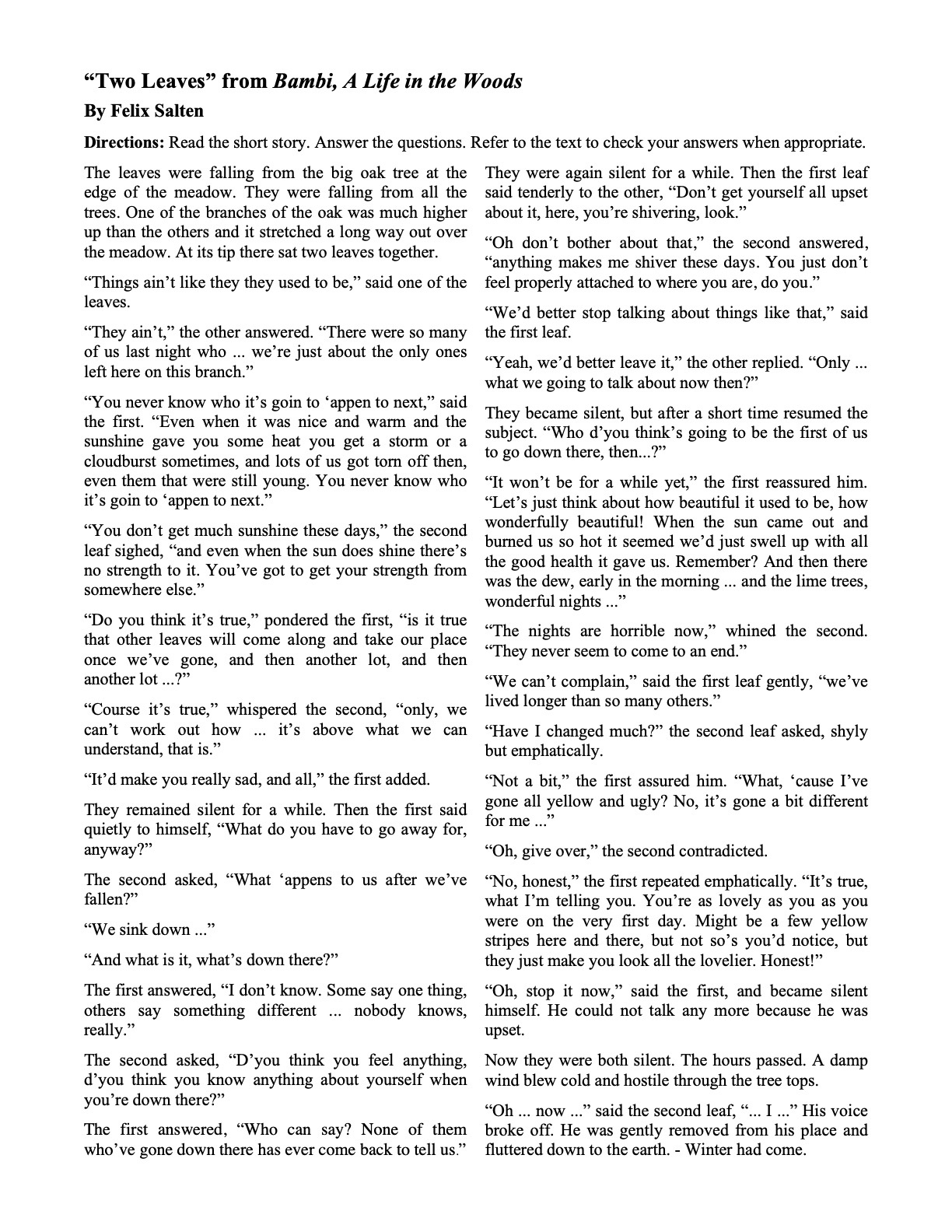 Short Stories With Questions | Ereading Worksheets with Free Printable Short Stories For High School Students