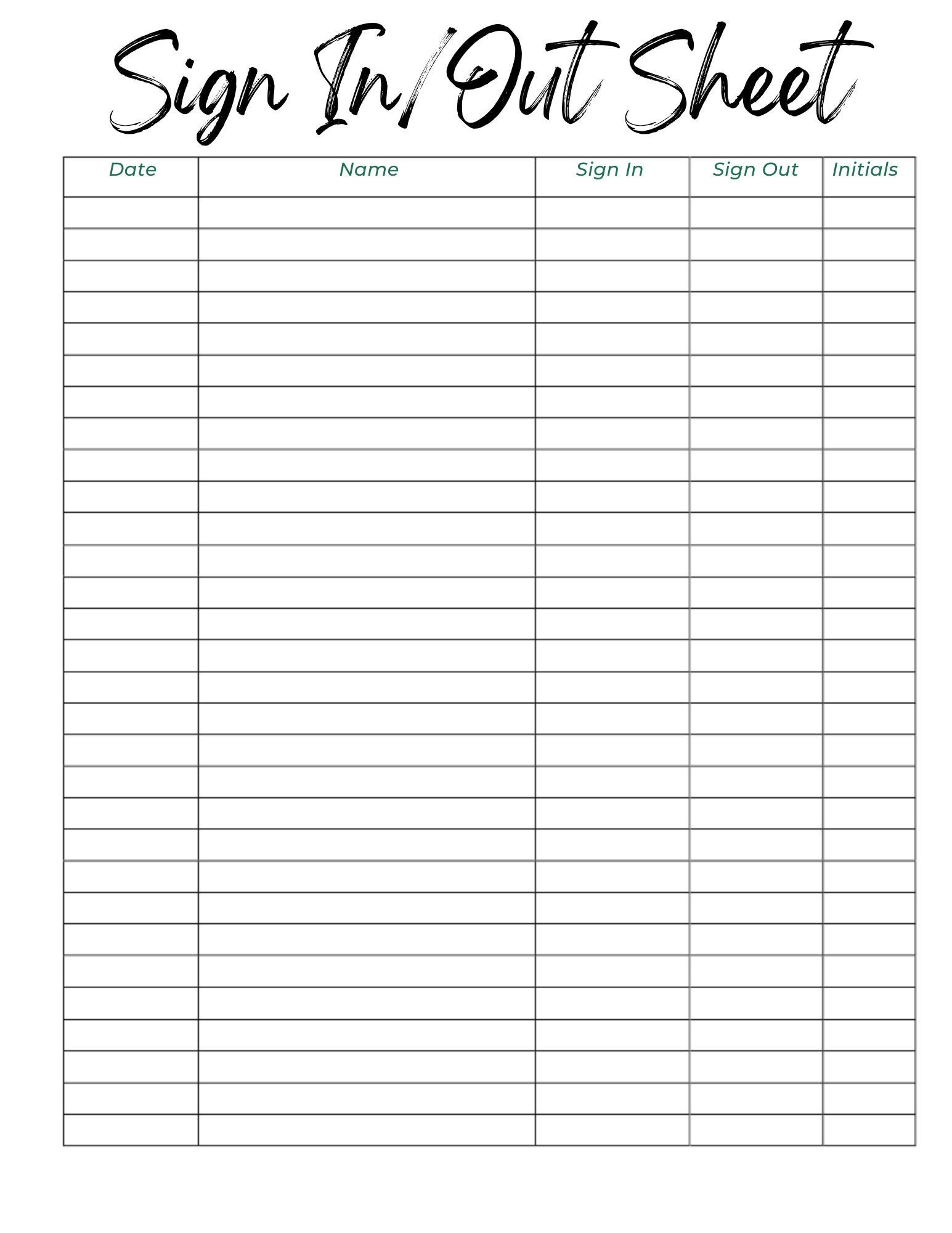 Sign In And Out Sheet Printable Form, Digital File, Instant for Free Printable Sign In And Out Sheets