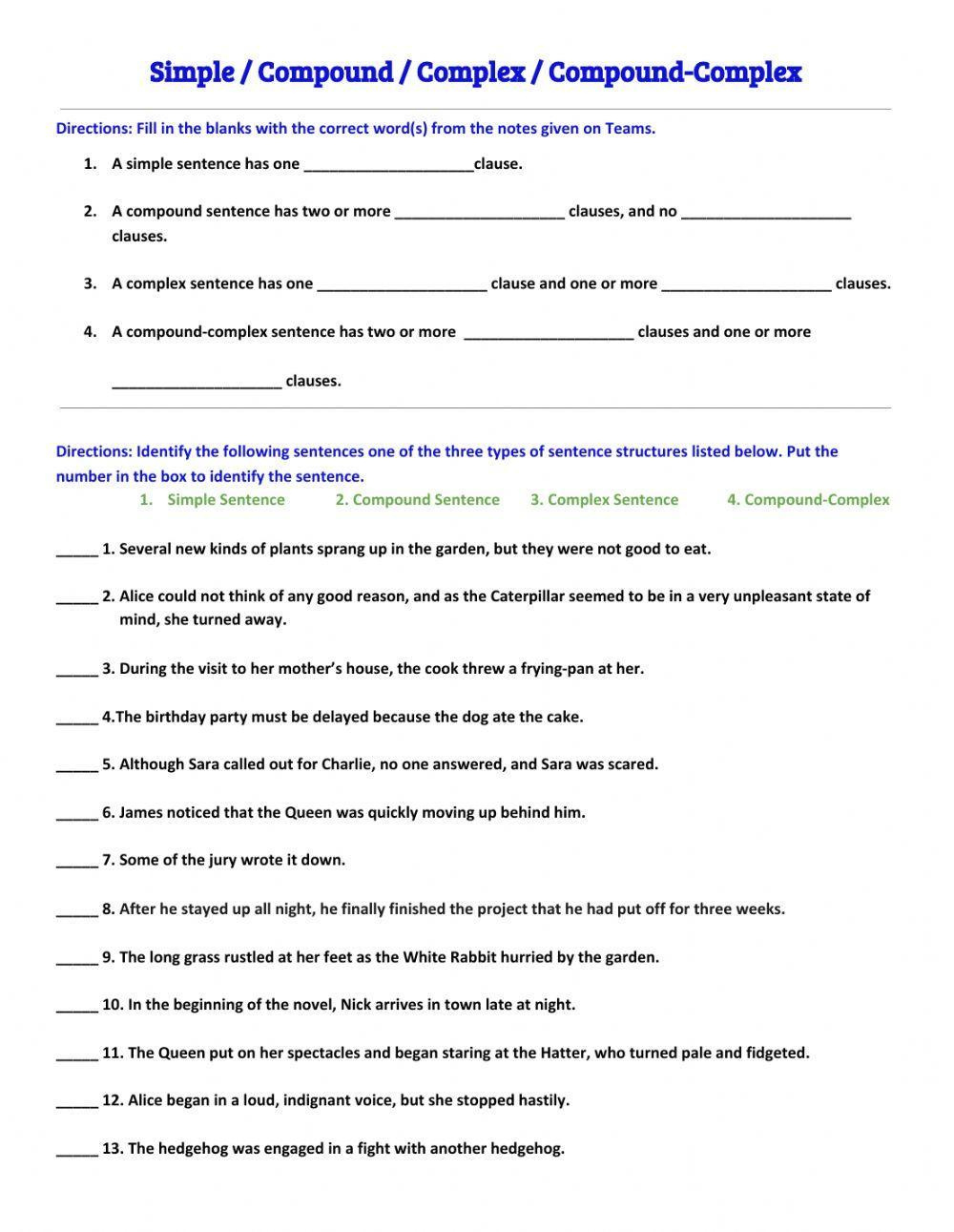 Simple Compound Complex Compound-Complex Sentences Worksheet for Free Printable Worksheets On Simple Compound And Complex Sentences