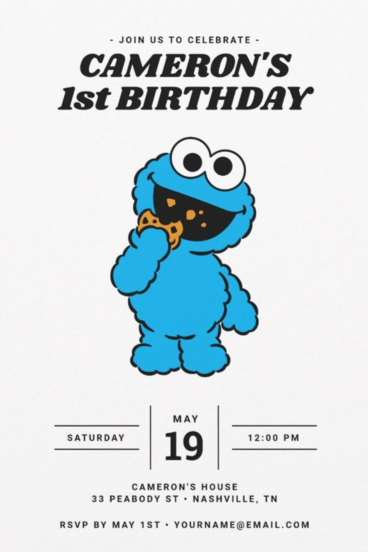 Simple Cookie Monster 1St Birthday Invitation intended for Free Printable Cookie Monster Birthday Invitations