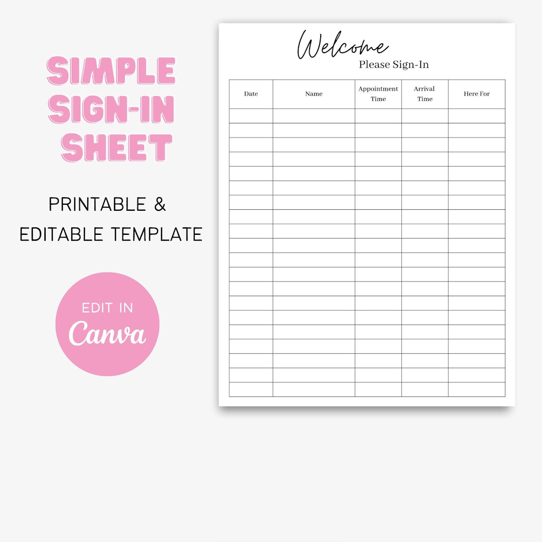 Simple Sign-In Sheet Template | Printable, Canva, Salon intended for Free Printable Salon Sign In Sheets