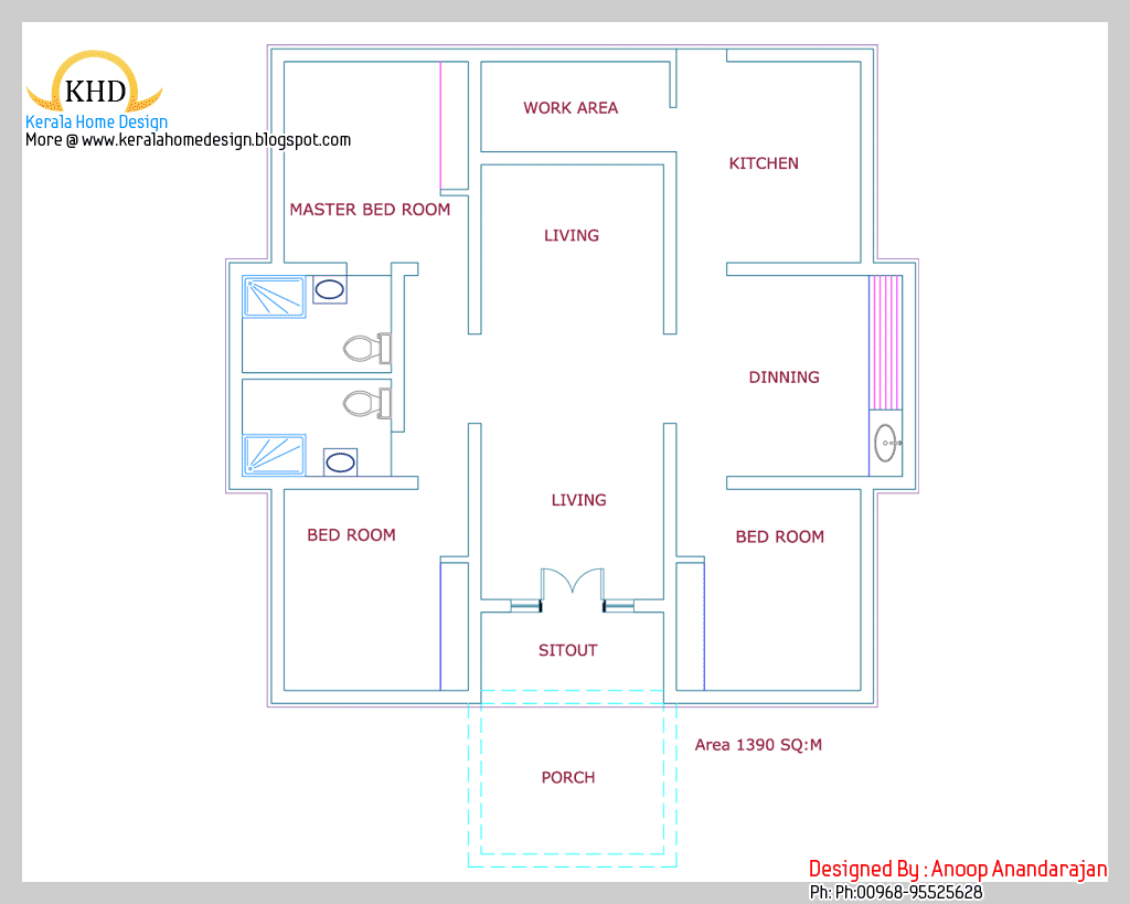Single Floor House Plan And Elevation - 1390 Sq. Ft - Kerala Home regarding Free Printable Small House Plans