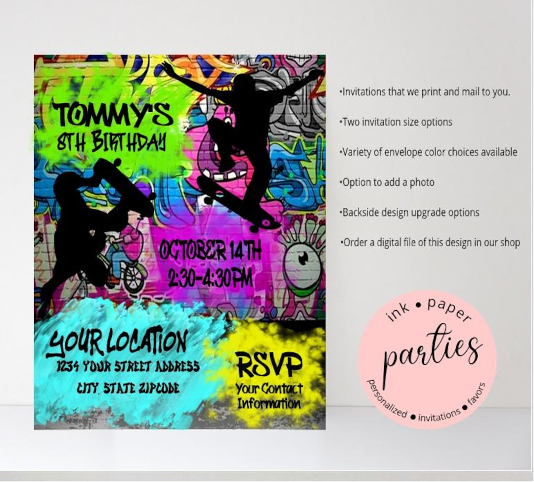 Skateboard Skateboarding Skateboarder Skater - Birthday Party Invitations - Personalized Invites ~ We Print And Mail - Etsy.de with regard to Free Printable Skateboard Birthday Party Invitations