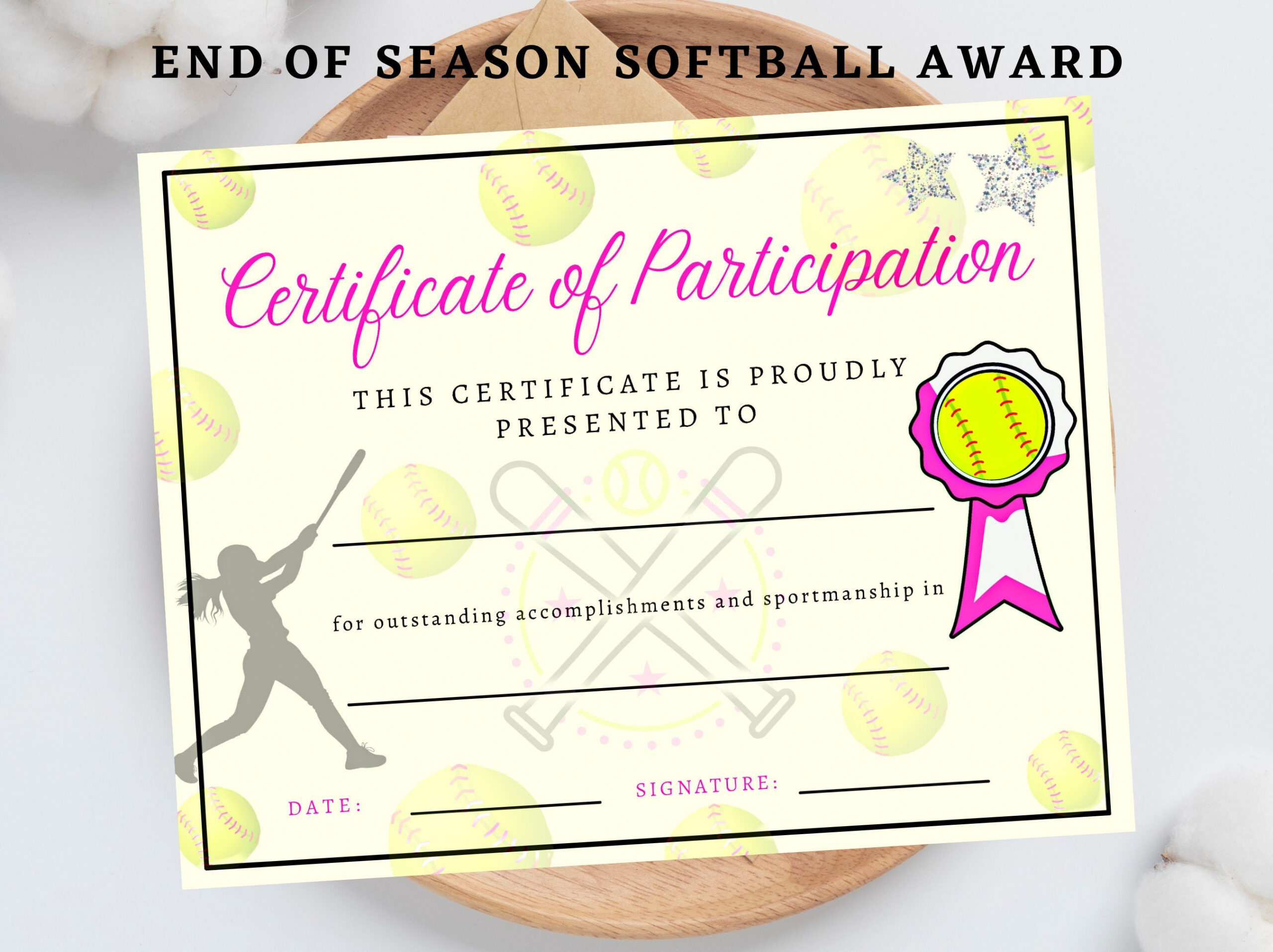 Softball Certificate, Instant Download, Team Participation Award throughout Free Printable Softball Certificates