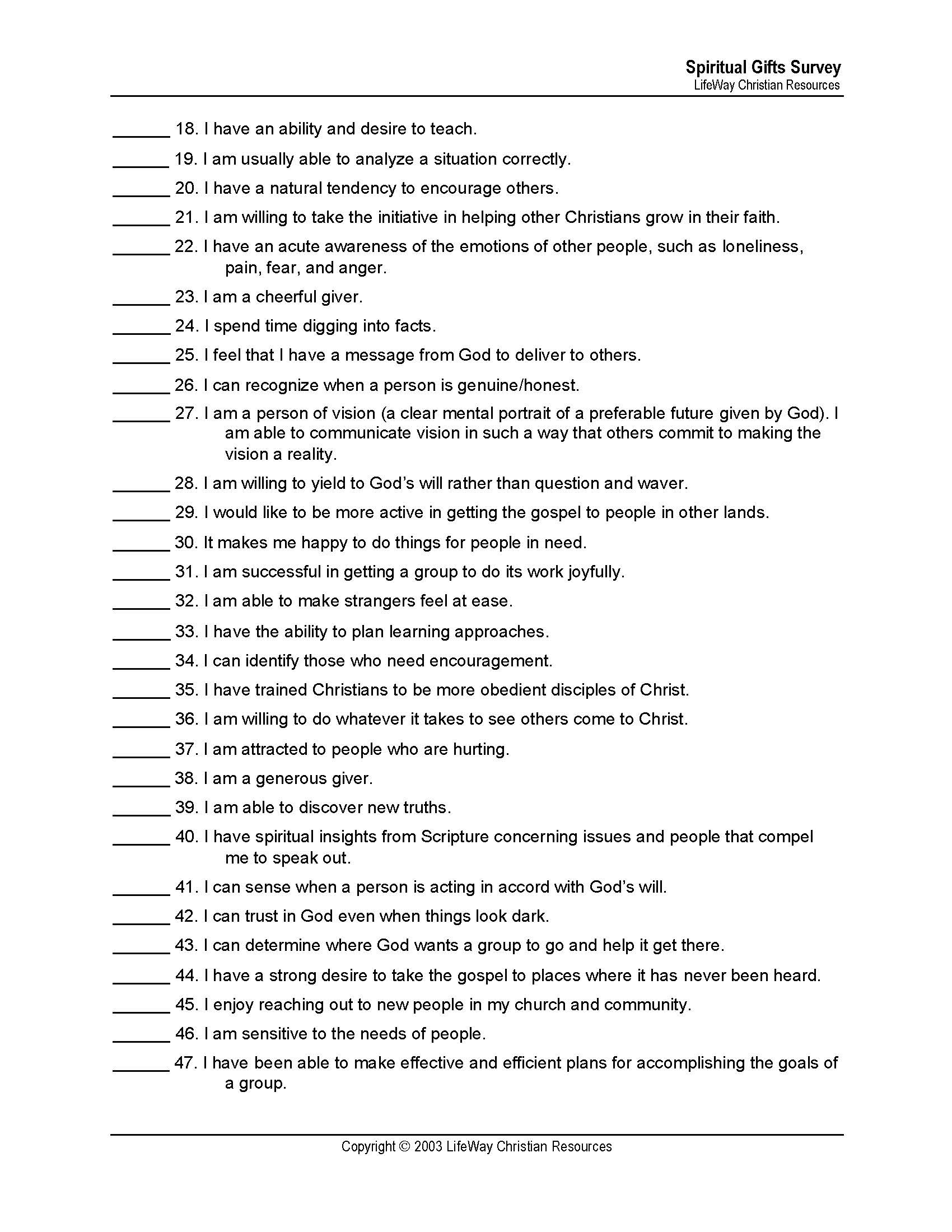 Spiritual Gifting Test Printable in Free Printable Spiritual Gifts Inventory