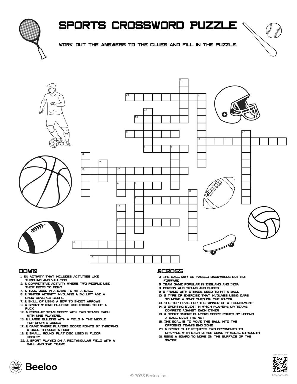 Sports Crossword Puzzle • Beeloo Printable Crafts And Activities for Free Printable Sports Crossword Puzzles