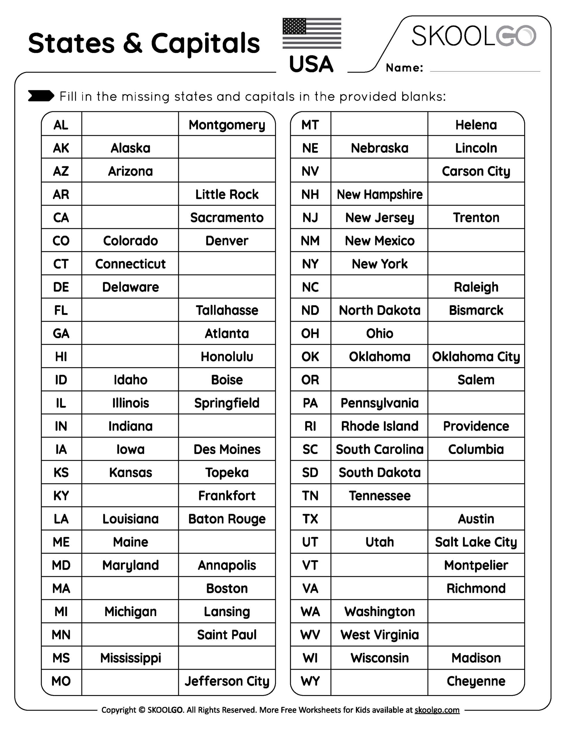States And Capitals - Free Worksheet For Kids - Skoolgo within Free Printable States And Capitals Worksheets
