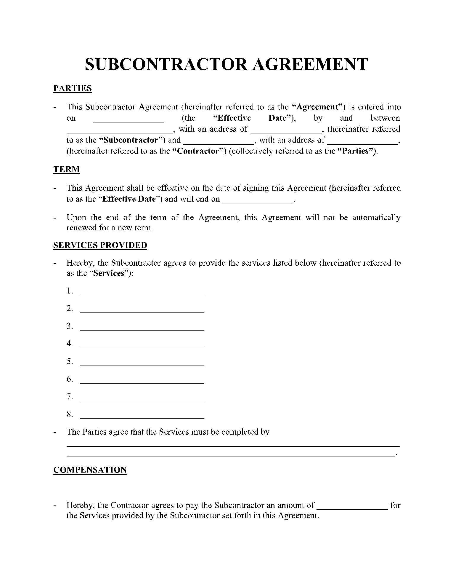 Subcontractor Agreement Template (100% Free) | Cocosign throughout Free Printable Subcontractor Agreement