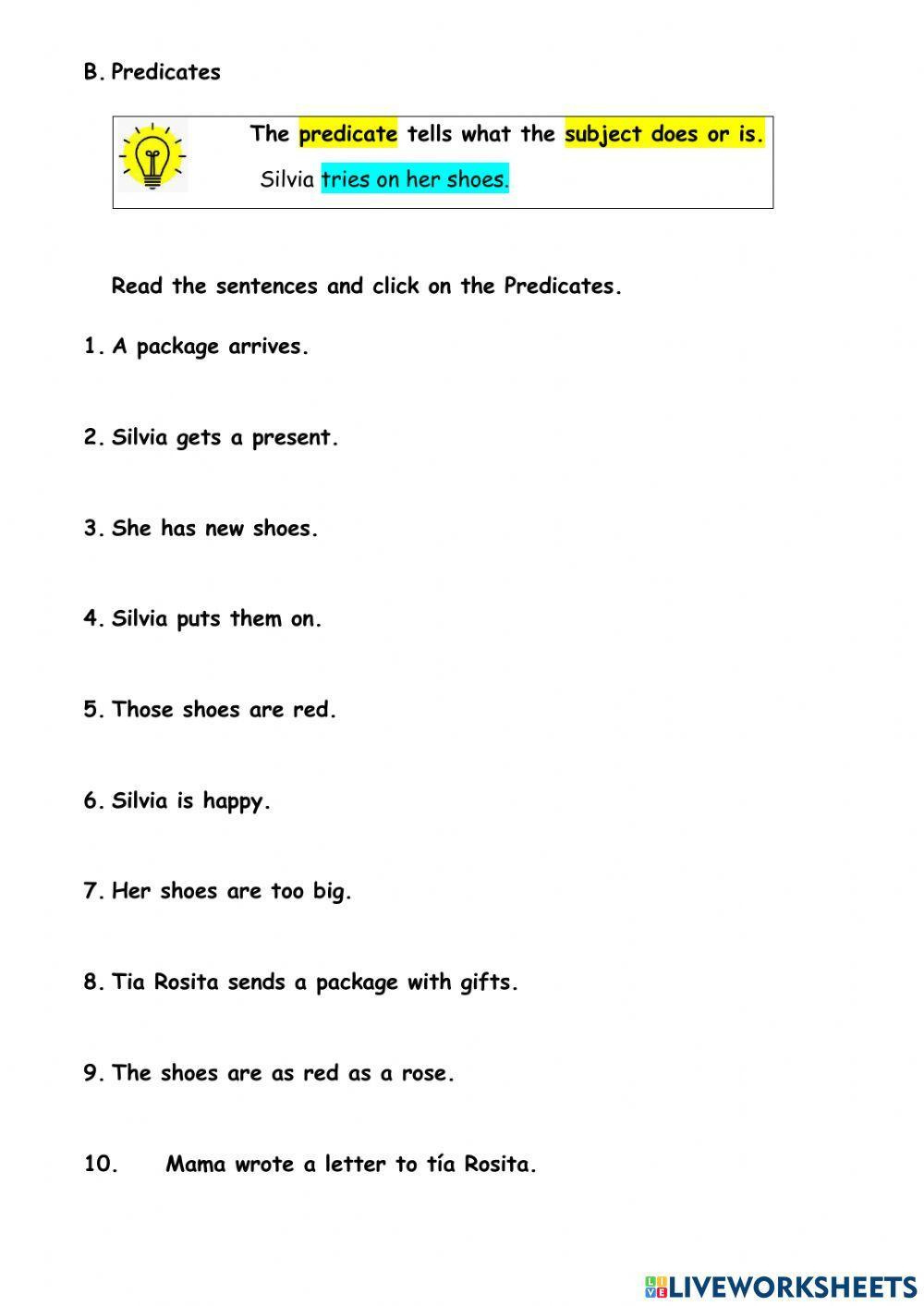Subjects And Predicates Worksheet For 2Nd Grade | Live Worksheets for Free Printable Subject Predicate Worksheets 2Nd Grade