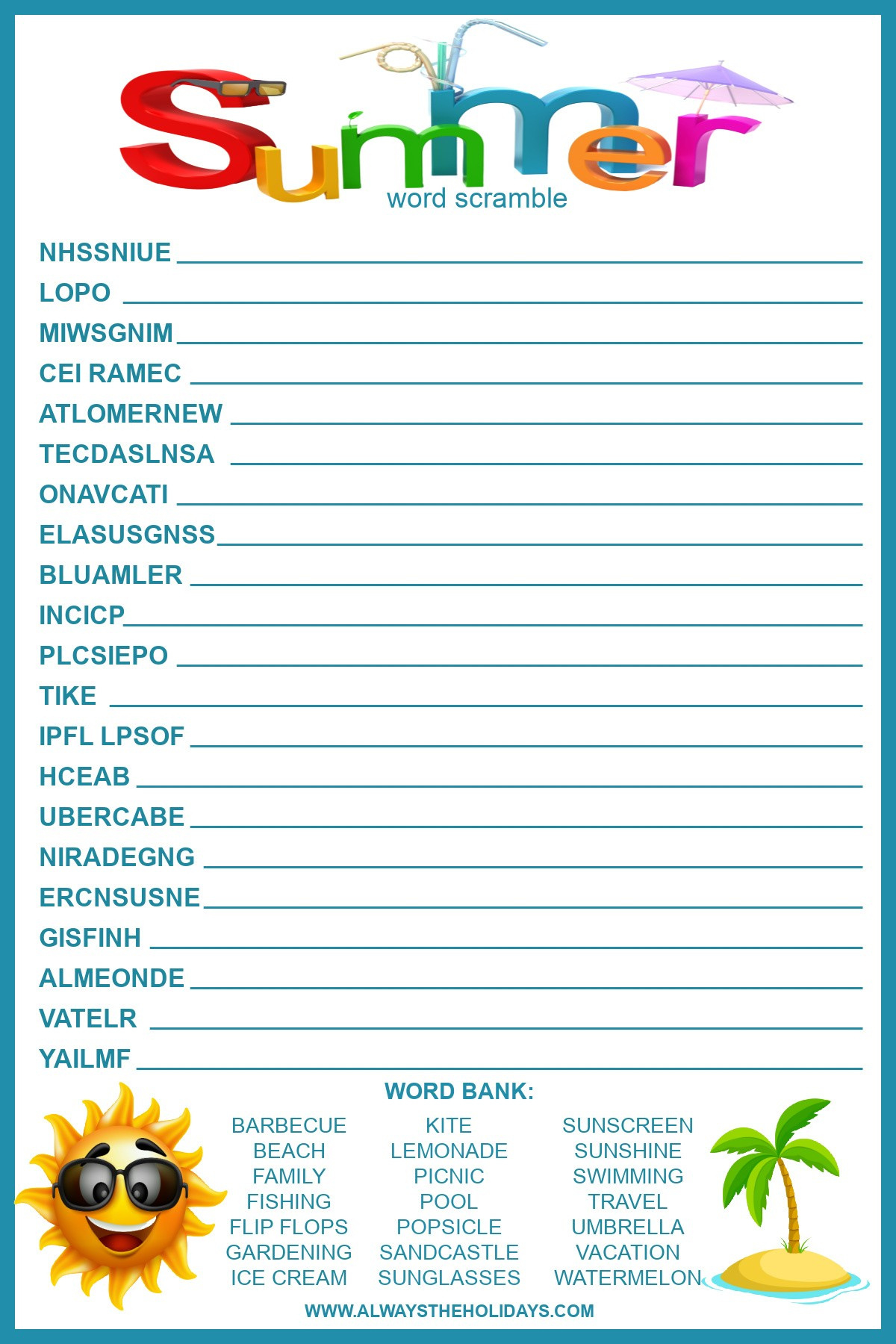 Summer Word Scramble With Answers - Free Printable For Kids intended for Unscramble Word Games Printable Free