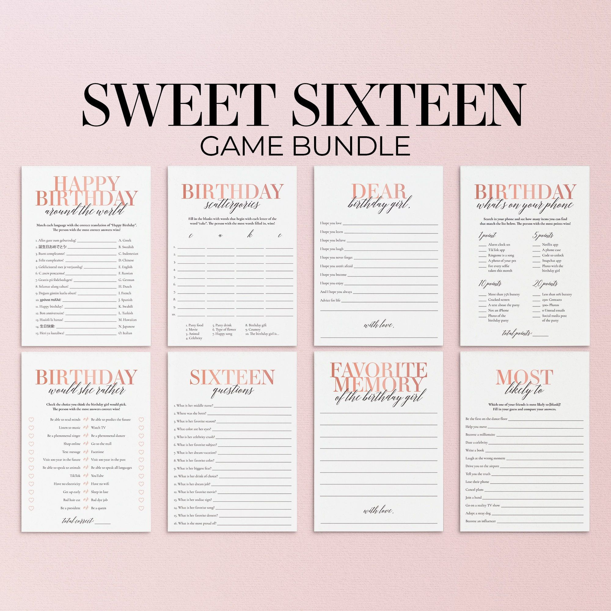 Sweet 16 Games Bundle Printable 16Th Birthday Games Sweet 16 Party intended for Free Printable Women'S Party Games