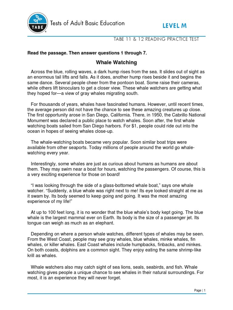 Tabe 11 12 Reading M | Pdf | Whales | Mammals - Worksheets Library with regard to Tabe Practice Test Free Printable