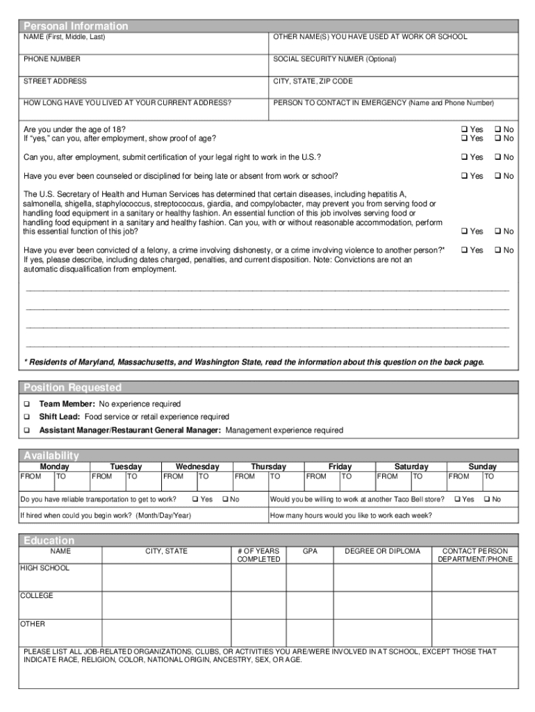 Taco Bell Employment Application Form - Fill Online, Printable regarding Free Printable Taco Bell Application