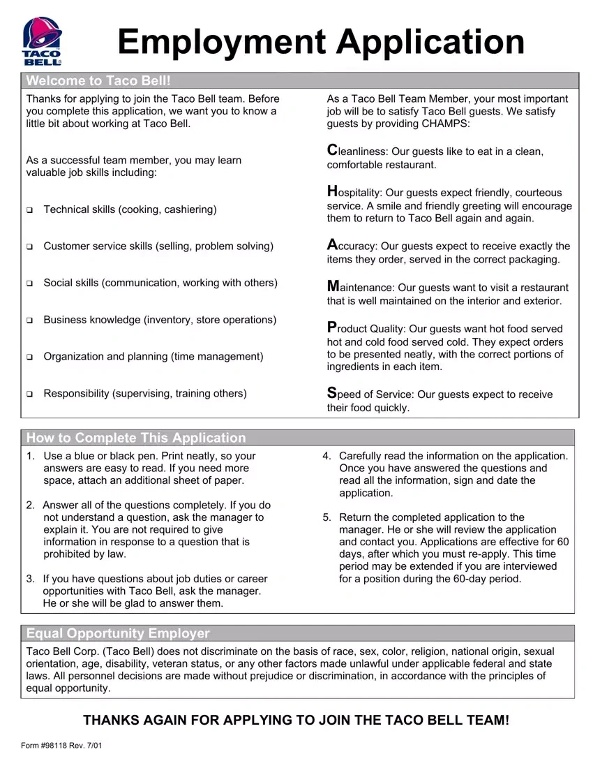 Taco Bell Job Application ≡ Fill Out Printable Pdf Forms Online intended for Free Printable Taco Bell Application