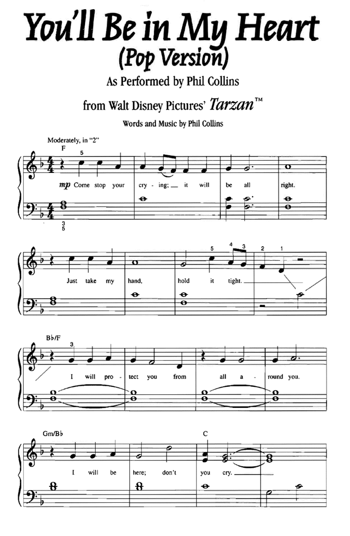 Tarzan You'Ll Be In My Heart Easy Piano Sheet Music | Easy Sheet Music intended for Piano Sheet Music For Beginners Popular Songs Free Printable