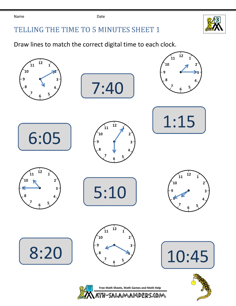Telling Time To 5 Minutes Worksheets for Free Printable Time Worksheets For Grade 3
