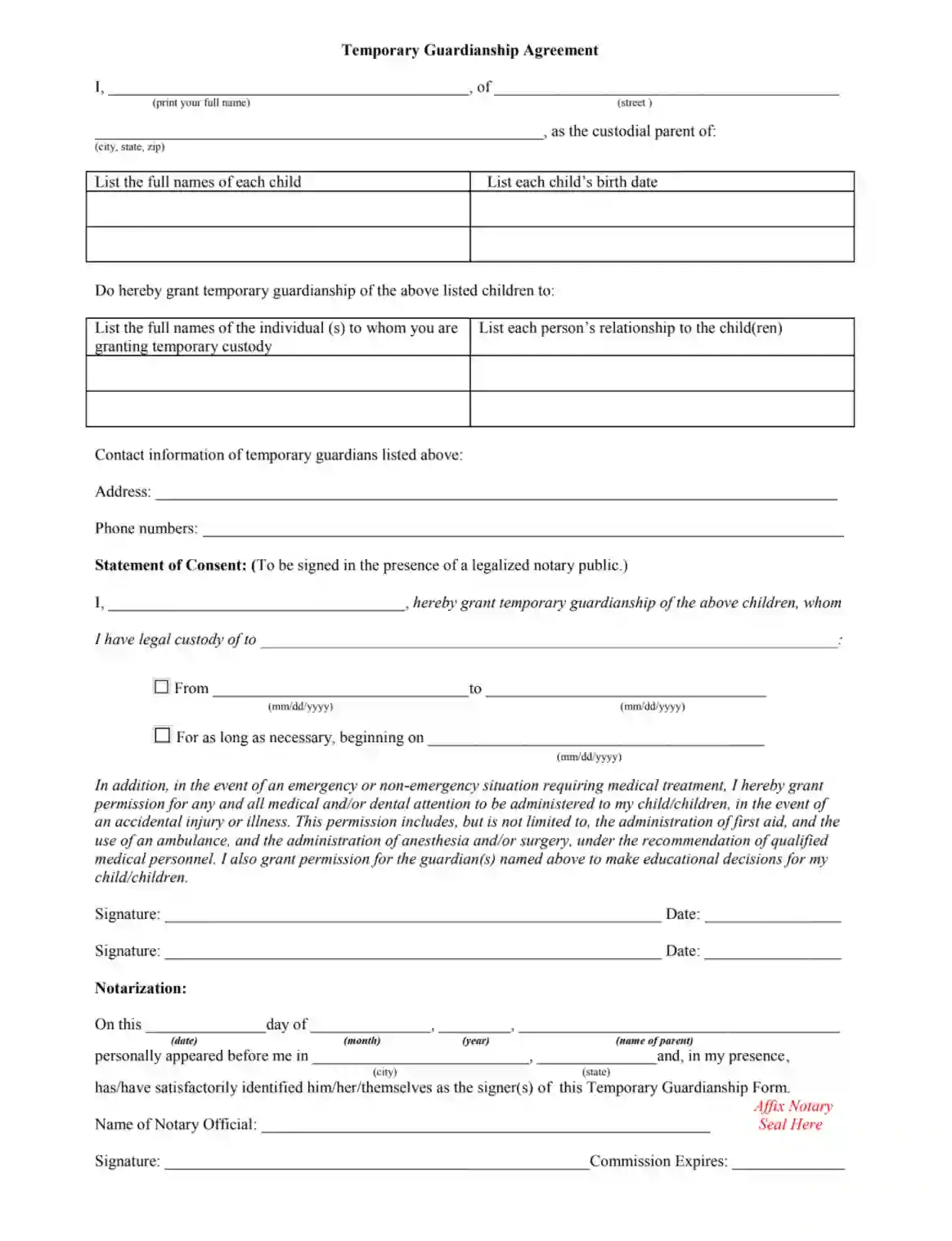 Temporary Custody Form ≡ Fill Out Printable Pdf Forms Online intended for Free Printable Child Custody Forms