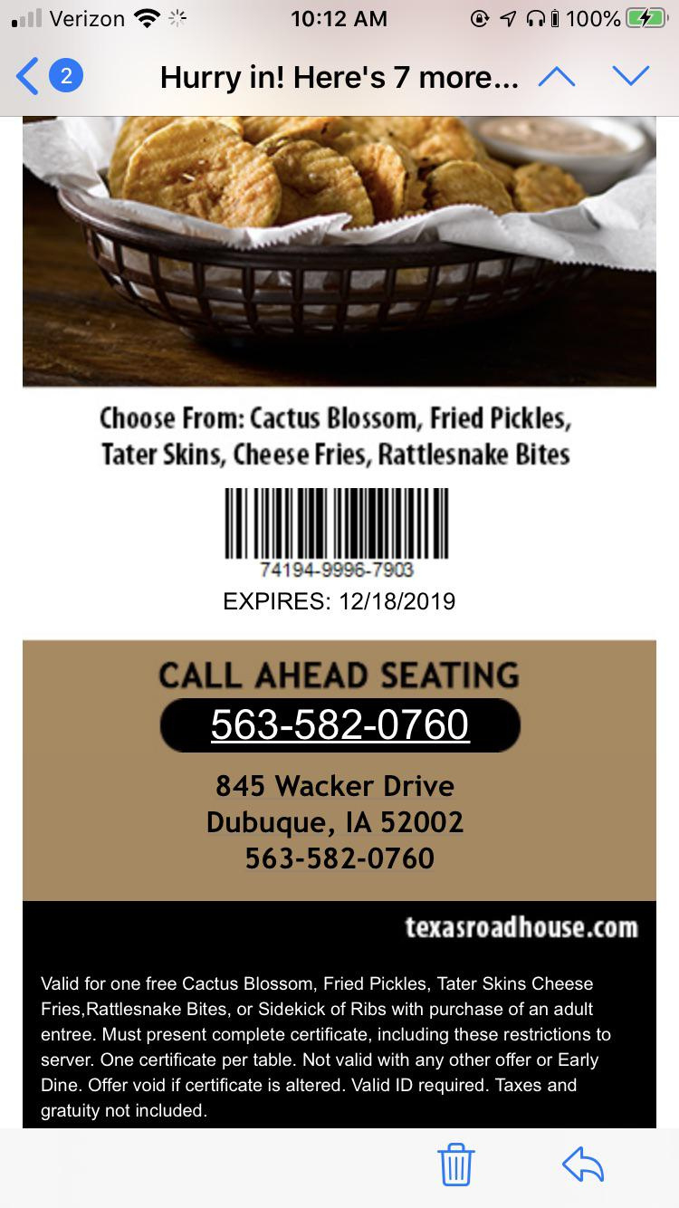 Texas Roadhouse Free App Or Ribs Sidekick : R/Singleusecodes intended for Texas Roadhouse Free Appetizer Printable Coupon 2015