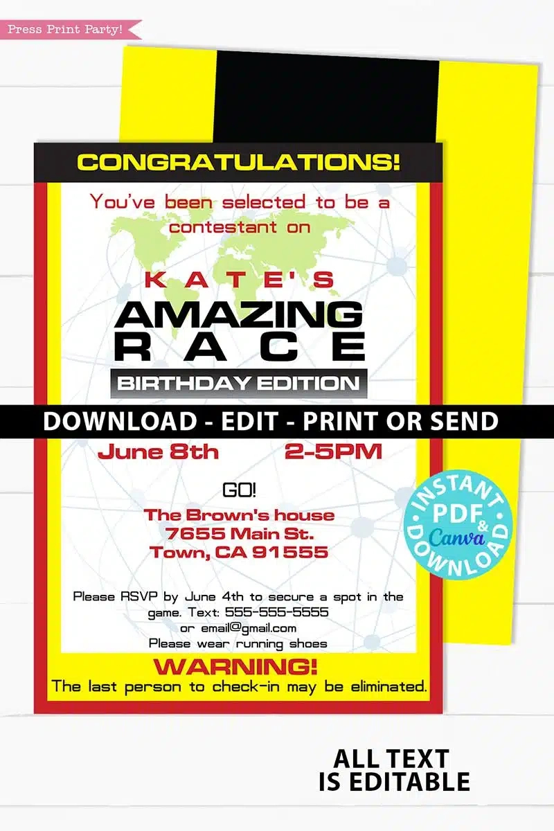 The Amazing Race Clue Cards & Invitation Printable with regard to Free Printable Amazing Race Invitations