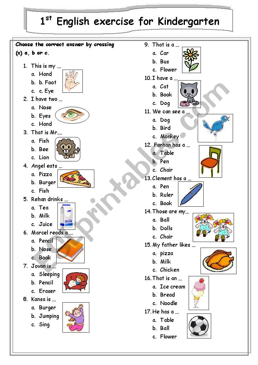 The First English Test For Kindergarten Student - Esl Worksheet pertaining to Free Esl Assessment Test Printable