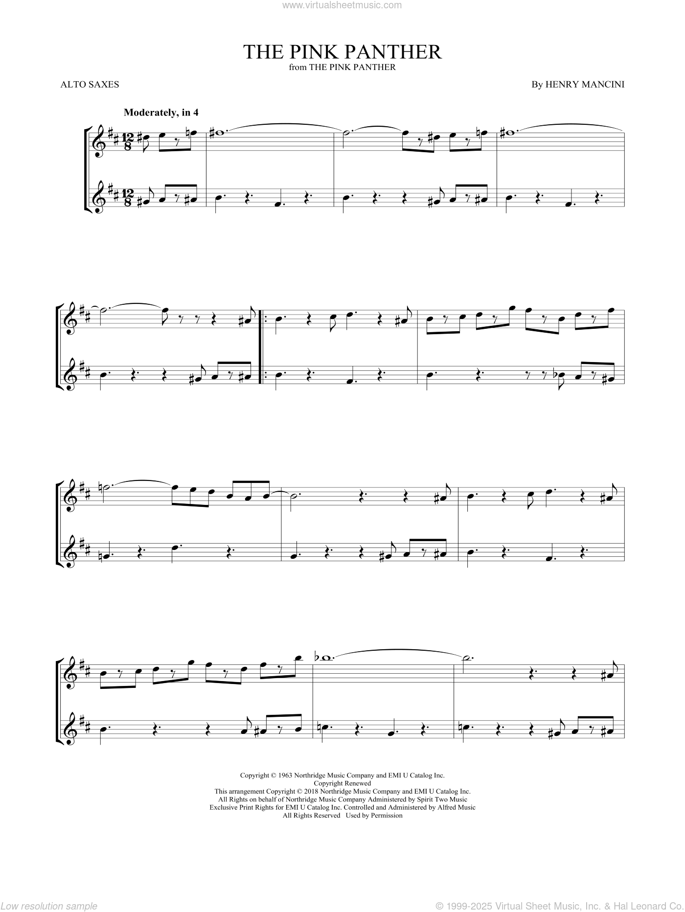 The Pink Panther Sheet Music For Two Alto Saxophones (Duets) within Free Printable Alto Saxophone Sheet Music Pink Panther