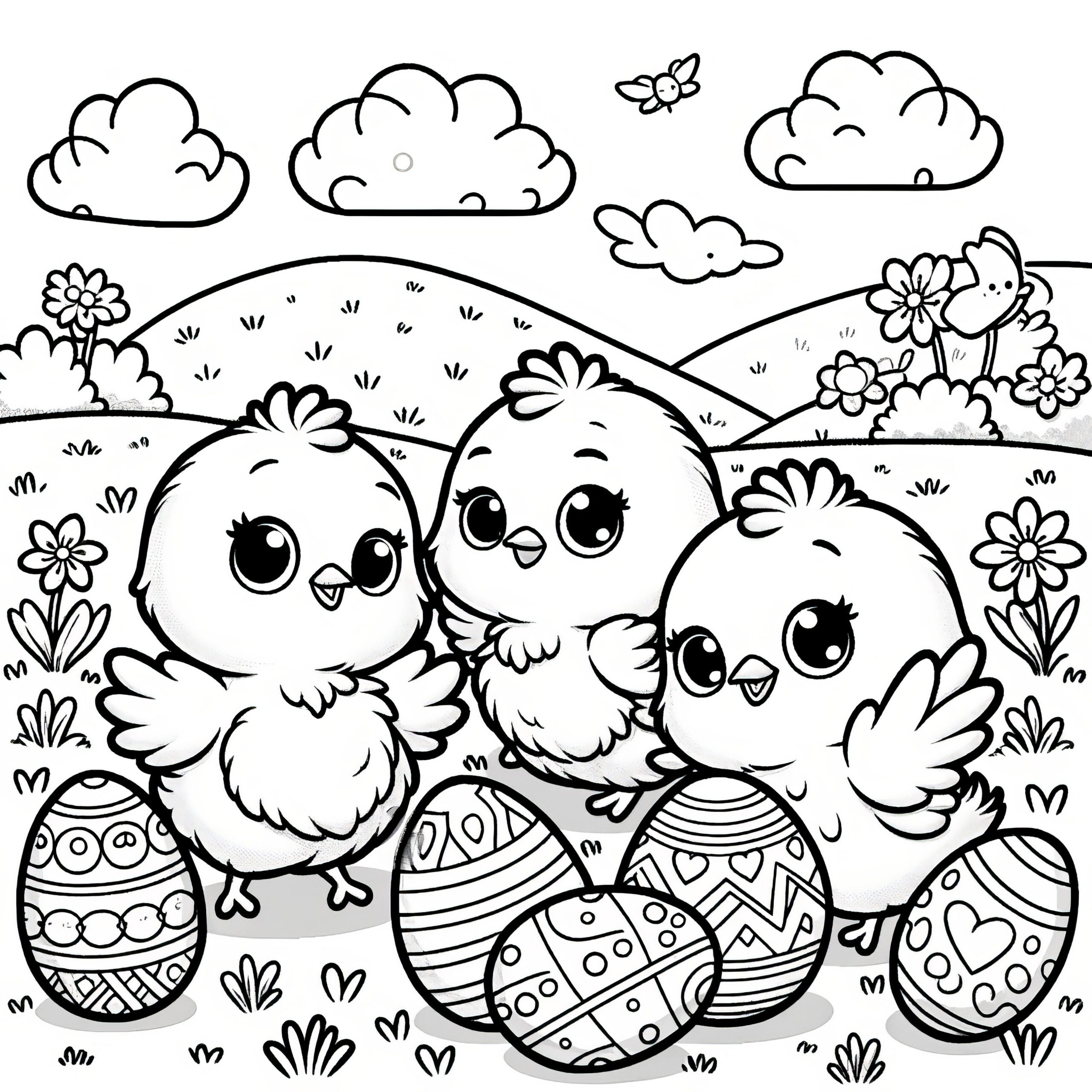 Three Easter Chicks With Easter Eggs: Picture To Color (Free) within Free Printable Easter Baby Chick Coloring Pages