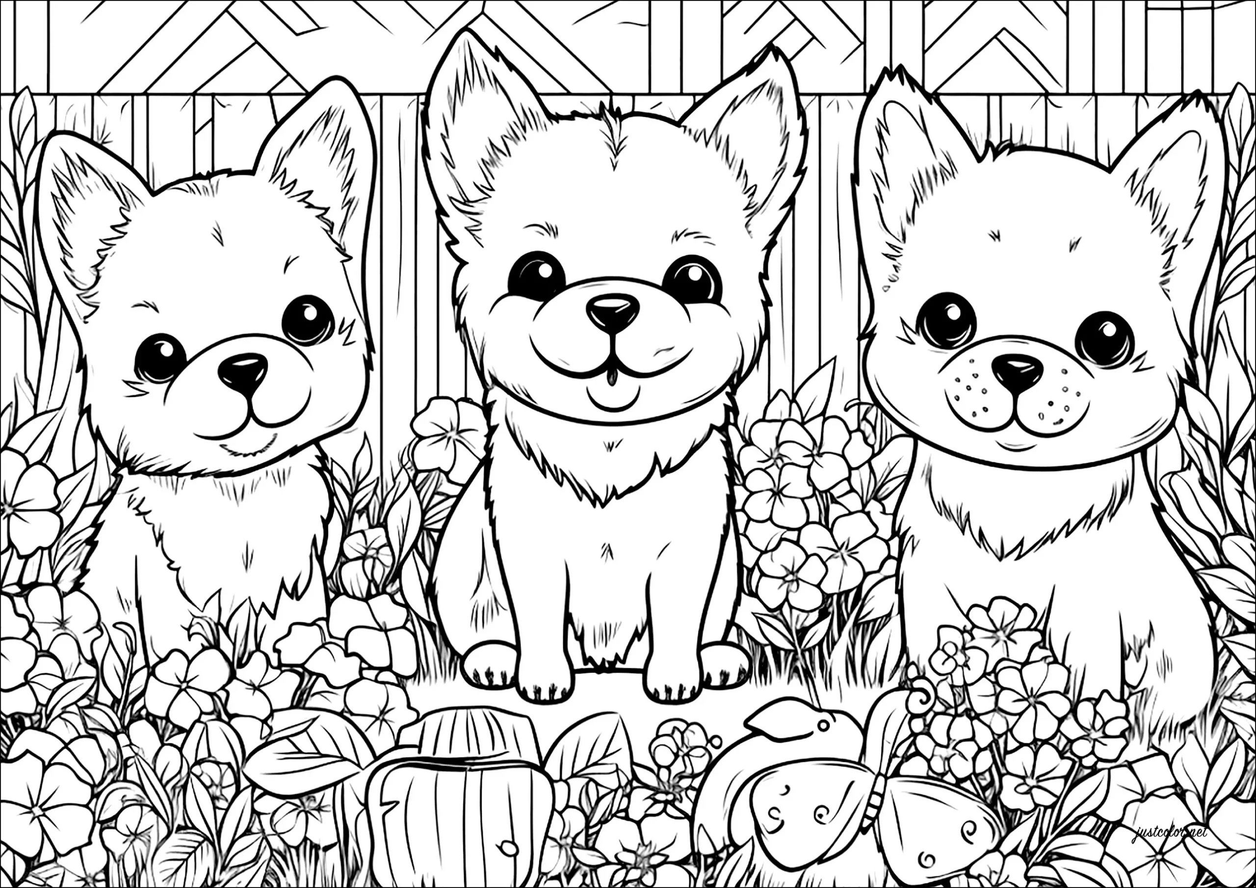 Three Little Dogs In A Flower Garden - Dog Coloring Pages For Adults pertaining to Free Printable Dog Coloring Pages