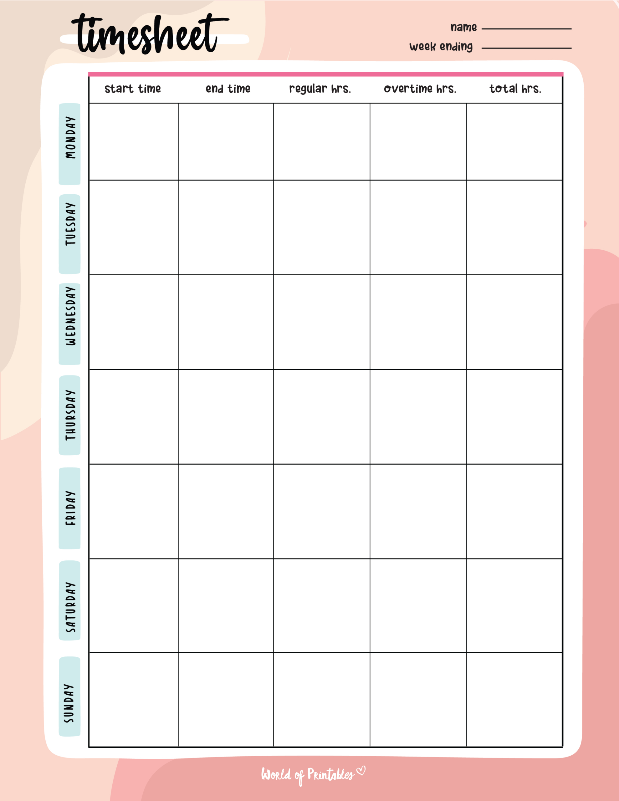 Timesheet Templates - World Of Printables pertaining to Free Printable Time Tracking Sheets