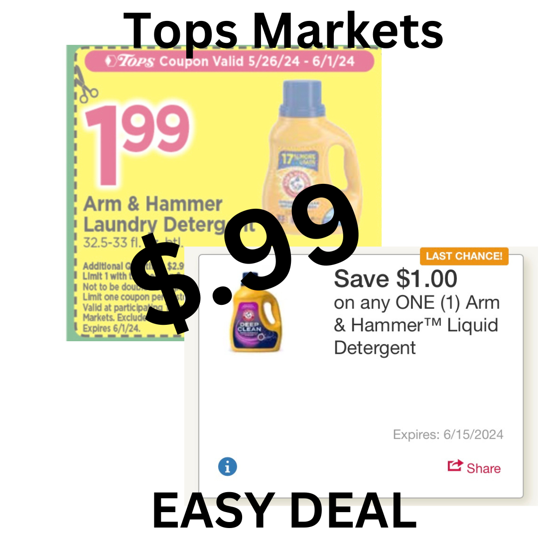 Tops Markets - 99 Cent Arm & Hammer Detergent Coupon Deal with Free Printable Coupons For Arm And Hammer Laundry Detergent
