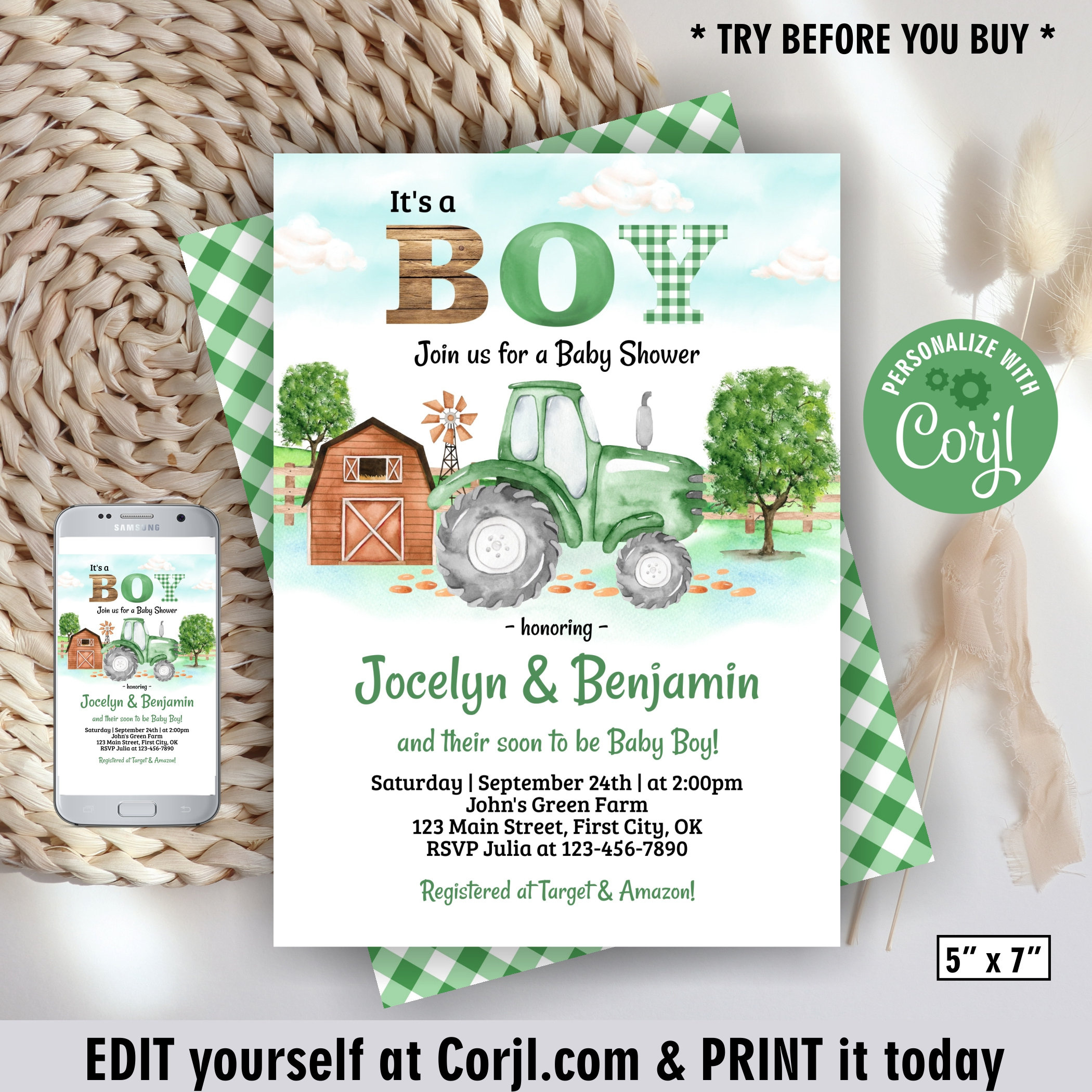 Tractor / Baby / Shower / Invitation / Green / Editable / It'S A pertaining to Free Printable John Deere Baby Shower Invitations