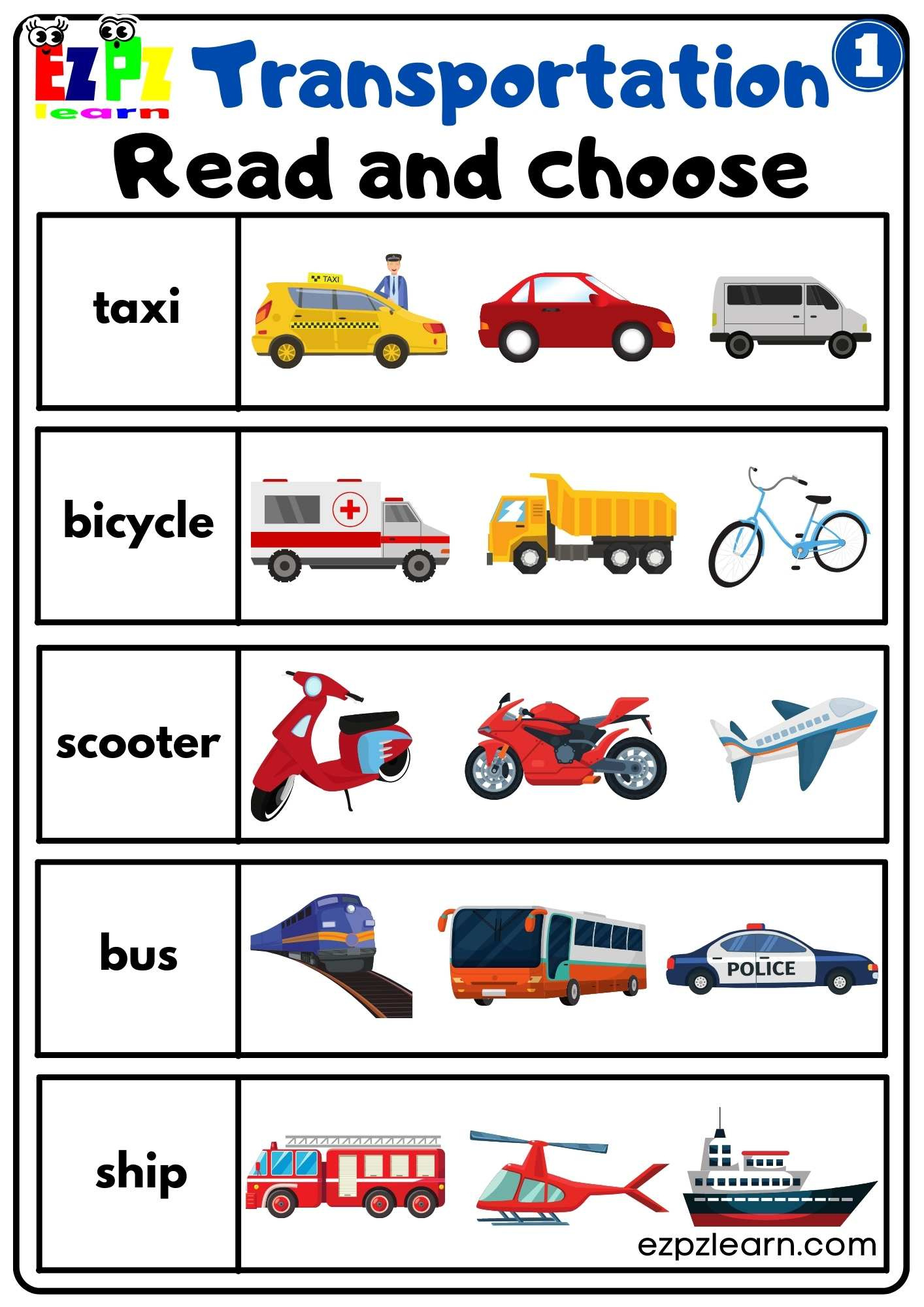 Transportation Vocabulary Read And Choose Worksheet Easy For Kids intended for Free Printable Transportation Worksheets For Kids