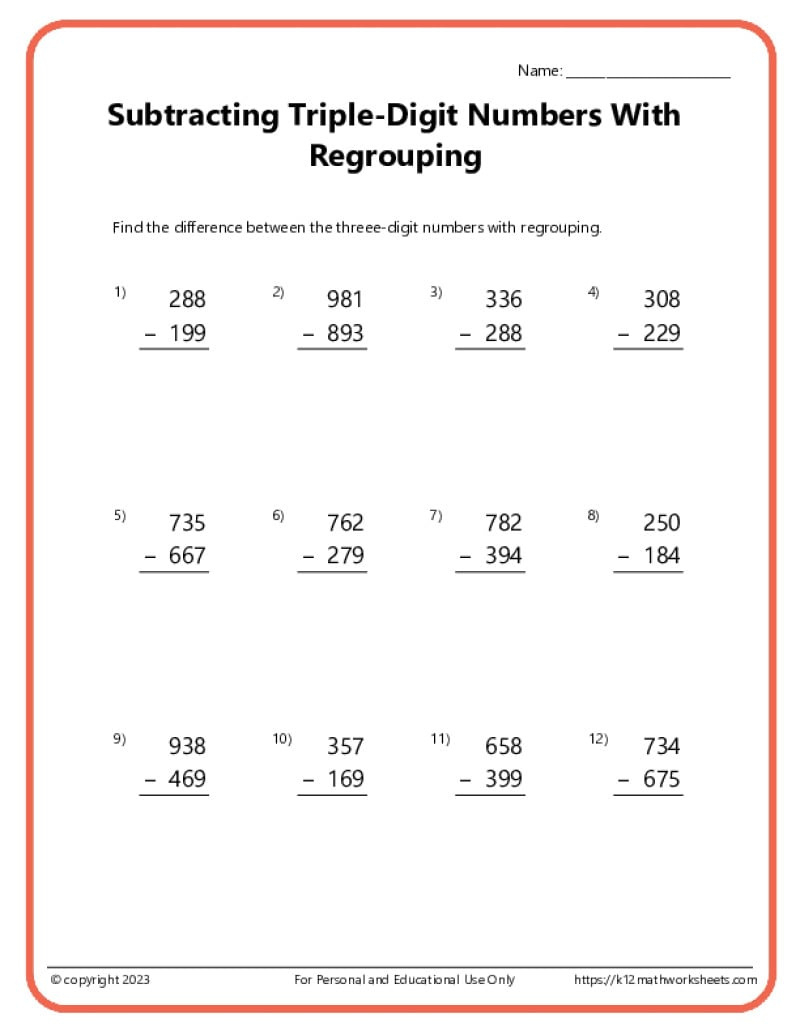 Triple Digit Subtraction With Regrouping Worksheets with regard to Free Printable 3 Digit Subtraction With Regrouping Worksheets
