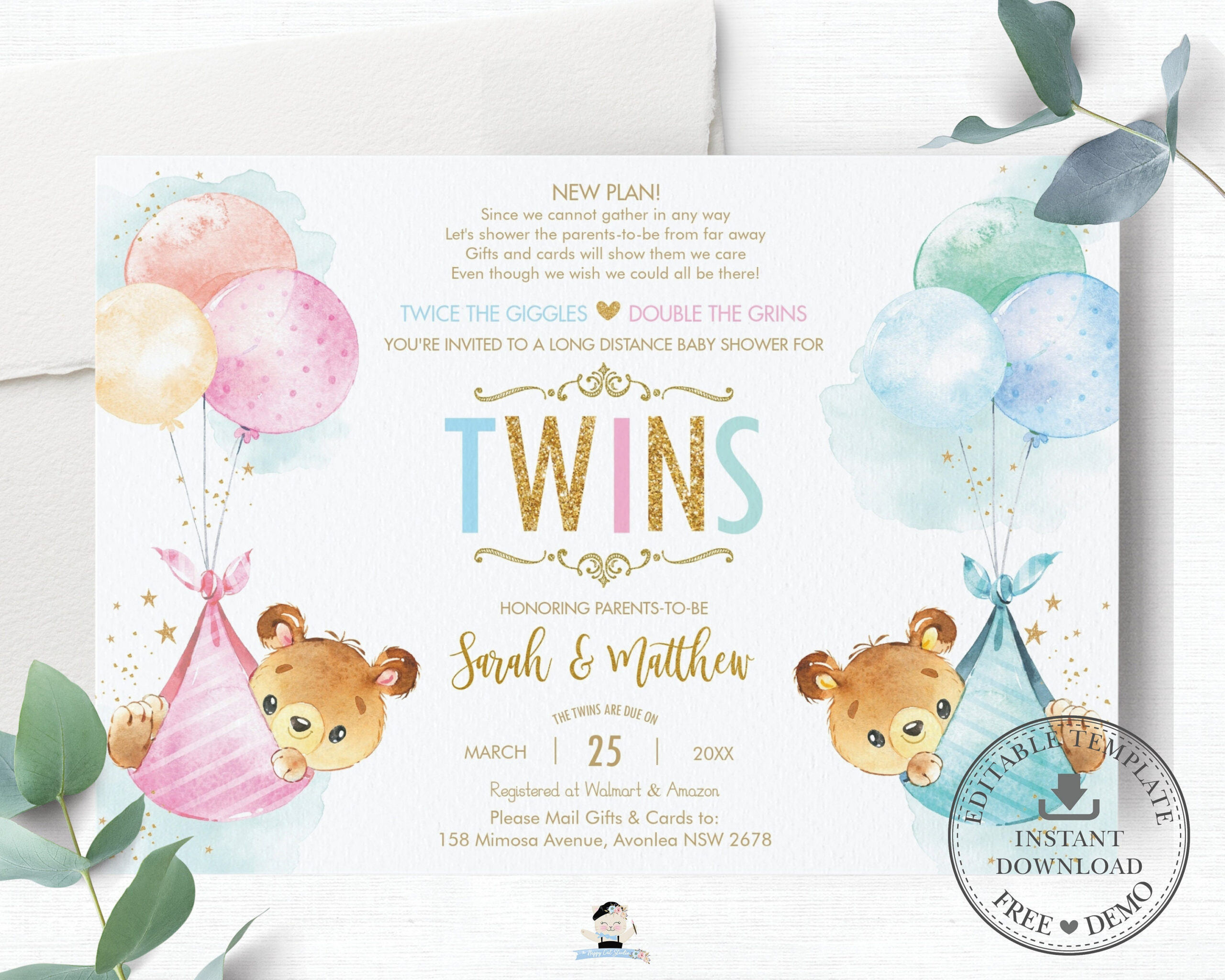 Twins Teddy Bears Baby Showermail Invitation, Instant Download throughout Free Printable Twin Baby Shower Invitations