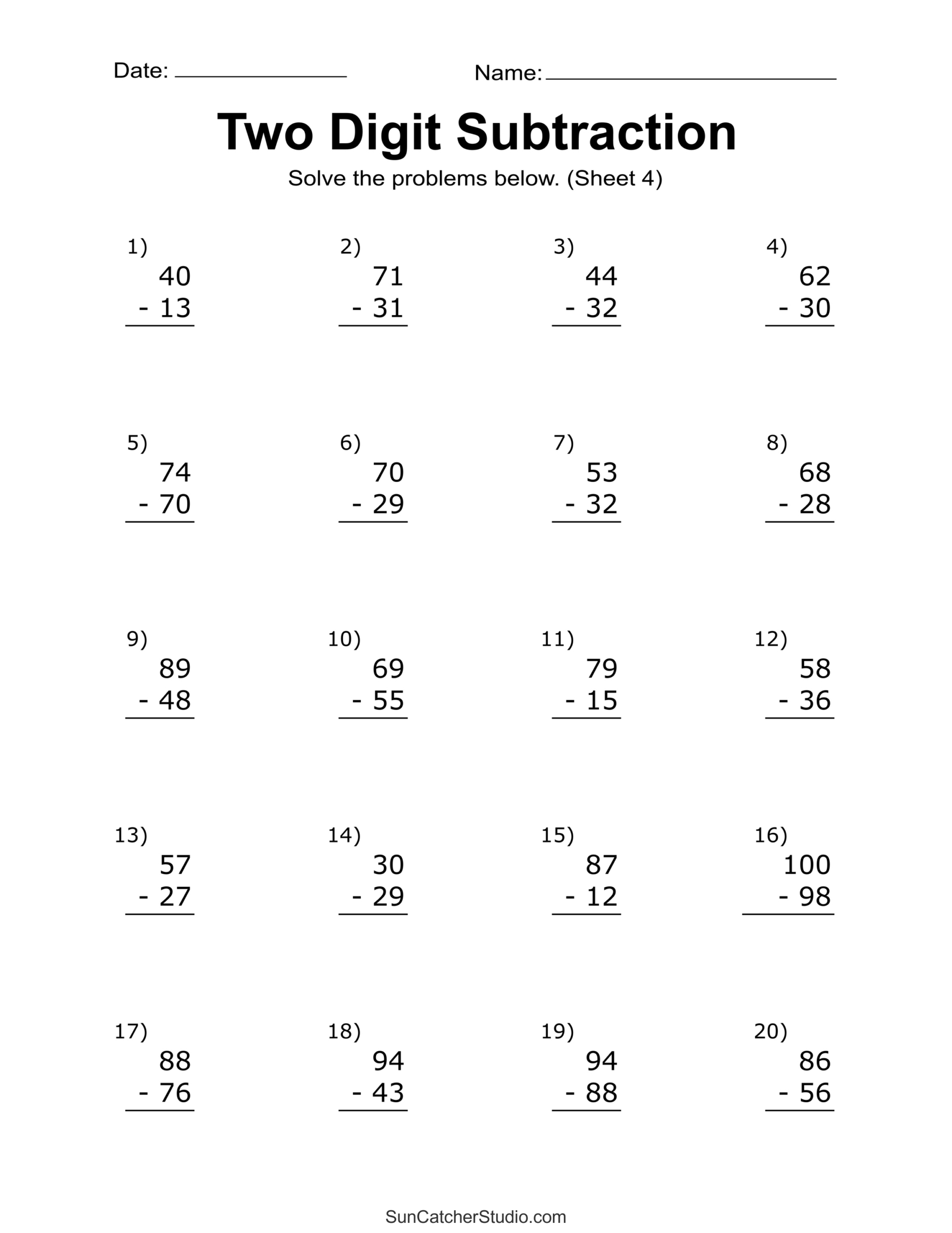Two-Digit Subtraction Worksheets (Printable Math Drills) – Free for Free Printable Subtraction Worksheets