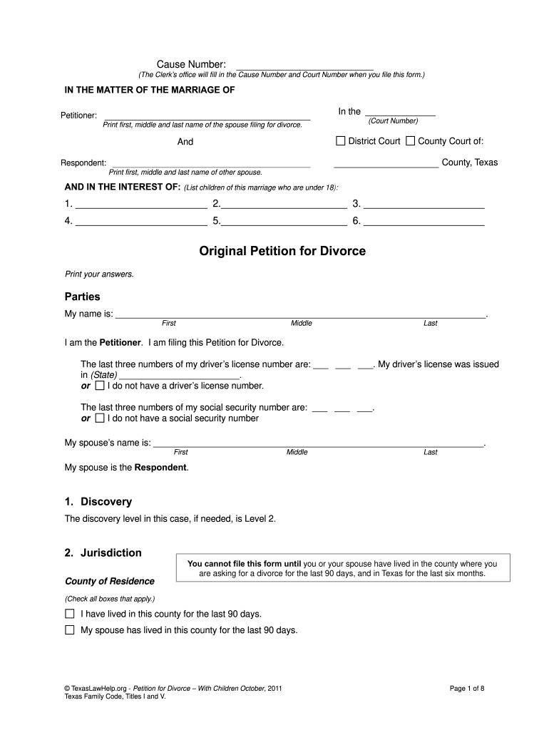 Tx Original Petition For Divorce With Children Form - Fill Online regarding Free Printable Divorce Forms Texas