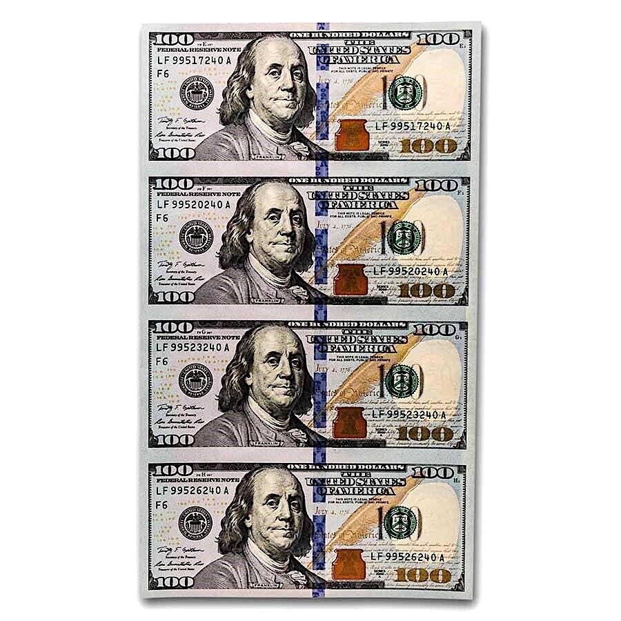 Us $100 Dollar Bill Four-Note Sheet, Uncut Currency, 2009, Unc intended for Free Printable Us Currency