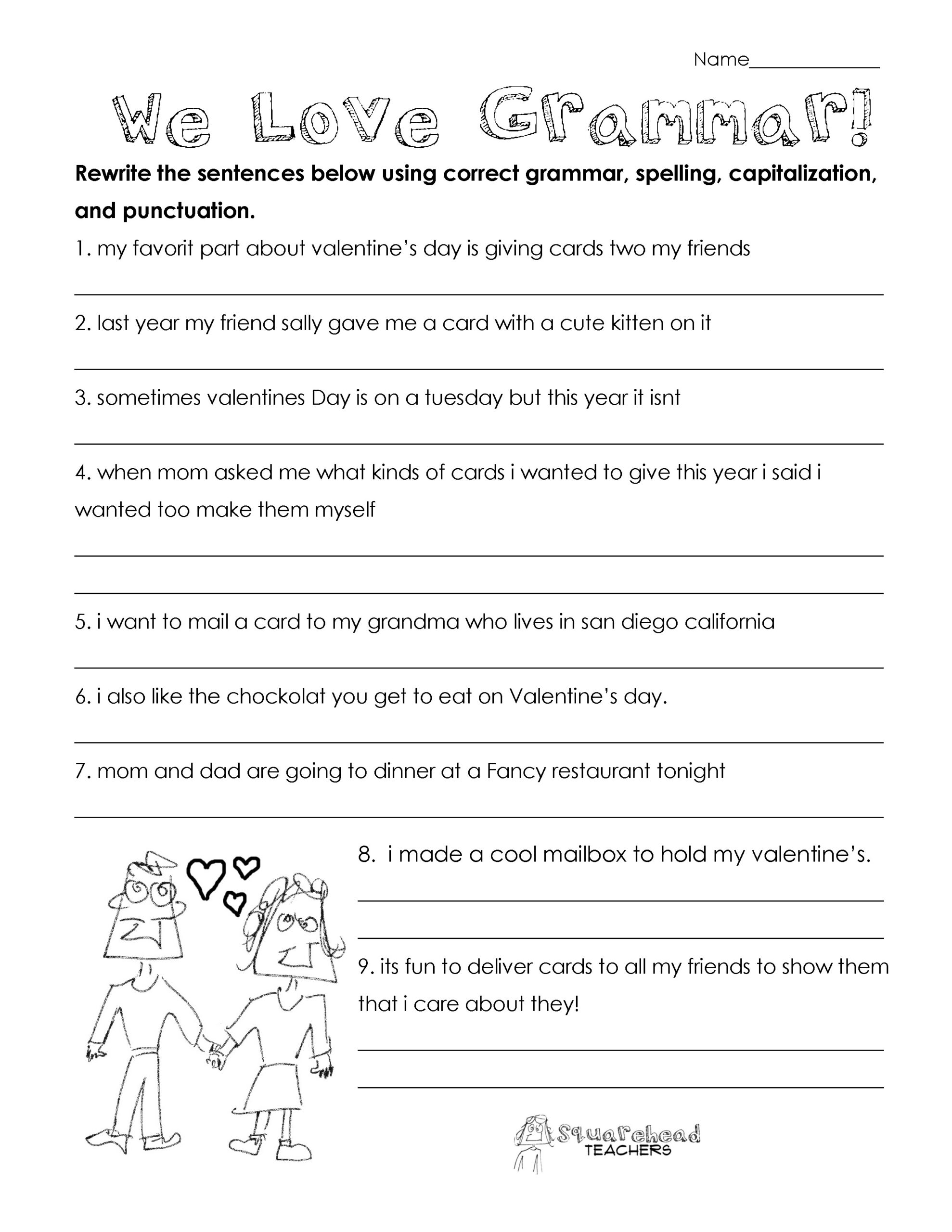 Valentine'S Day Grammar (Free Worksheet For 3Rd Grade And Up pertaining to Free Printable Grammar Worksheets