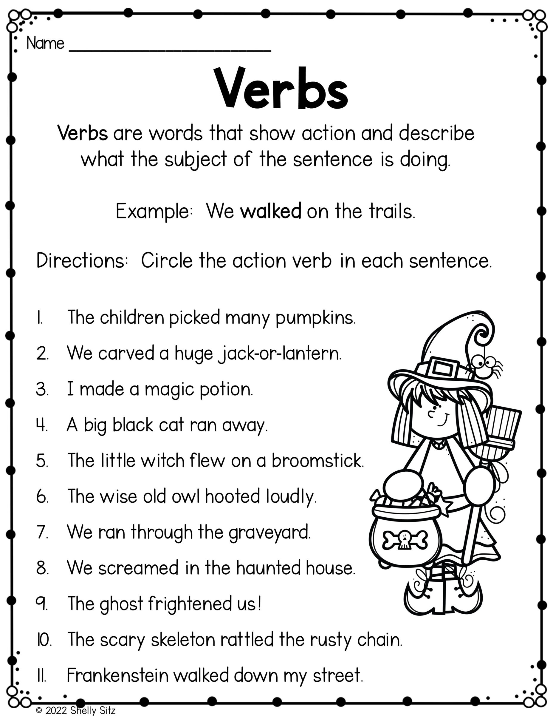Verbs Worksheet Using Halloween Sentences - Smiling And Shining In for Free Printable Verb Worksheets