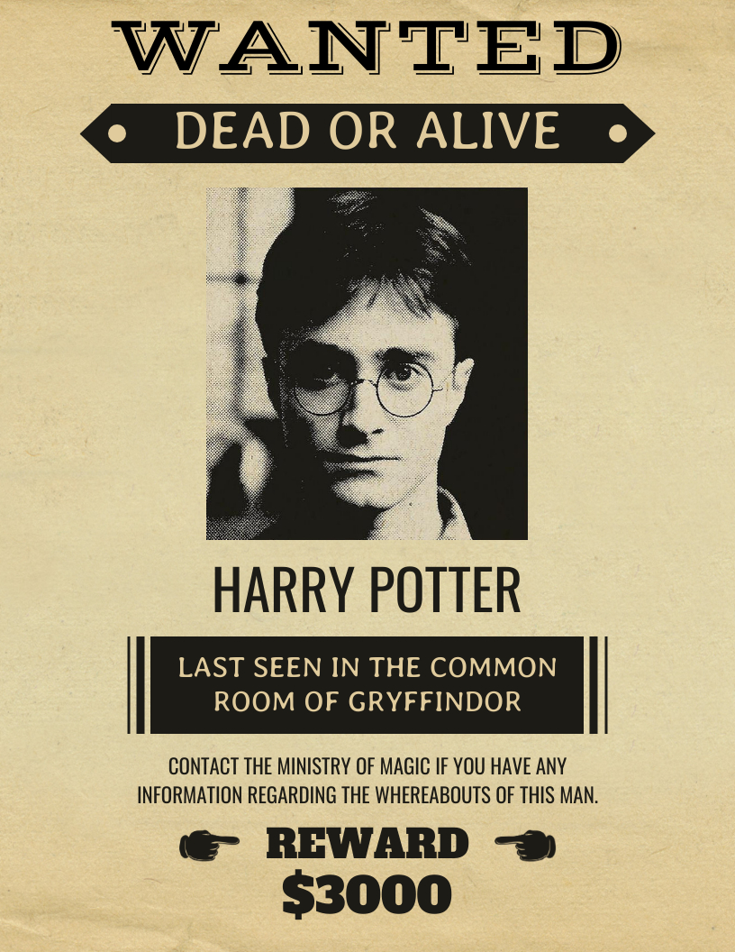 Vintage Harry Potter Wanted Poster - Venngage for Free Printable Harry Potter Posters