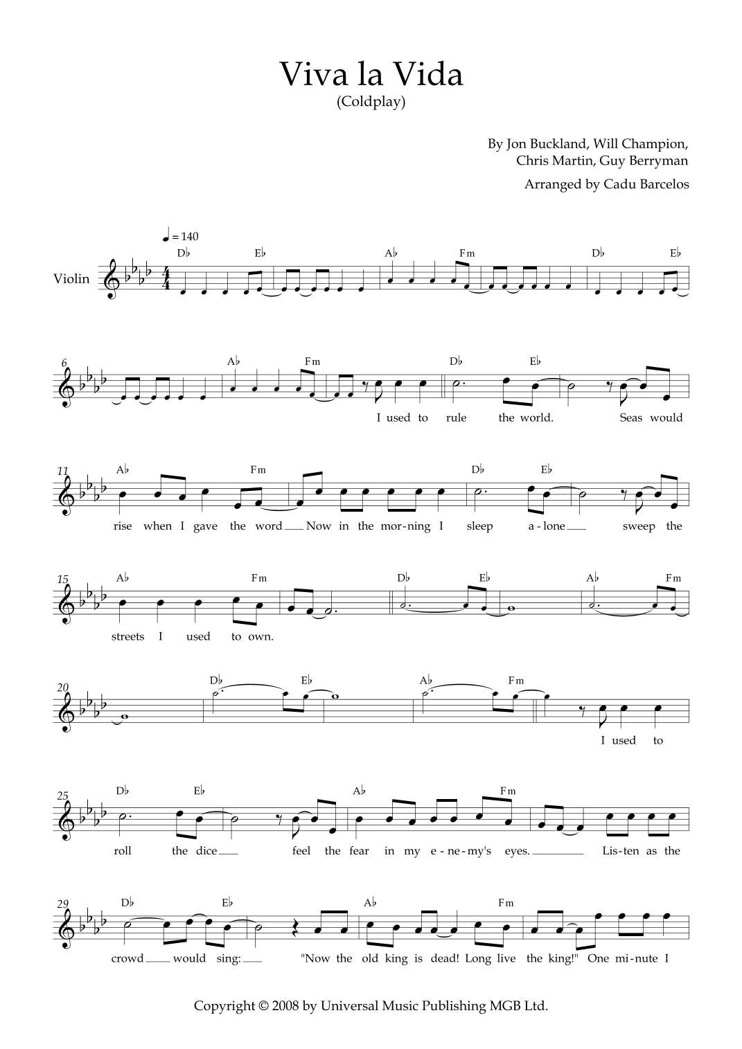 Viva La Vida (Arr. Cadu Barcelos)Coldplay Sheet Music For throughout Free Printable Violin Sheet Music For Viva La Vida