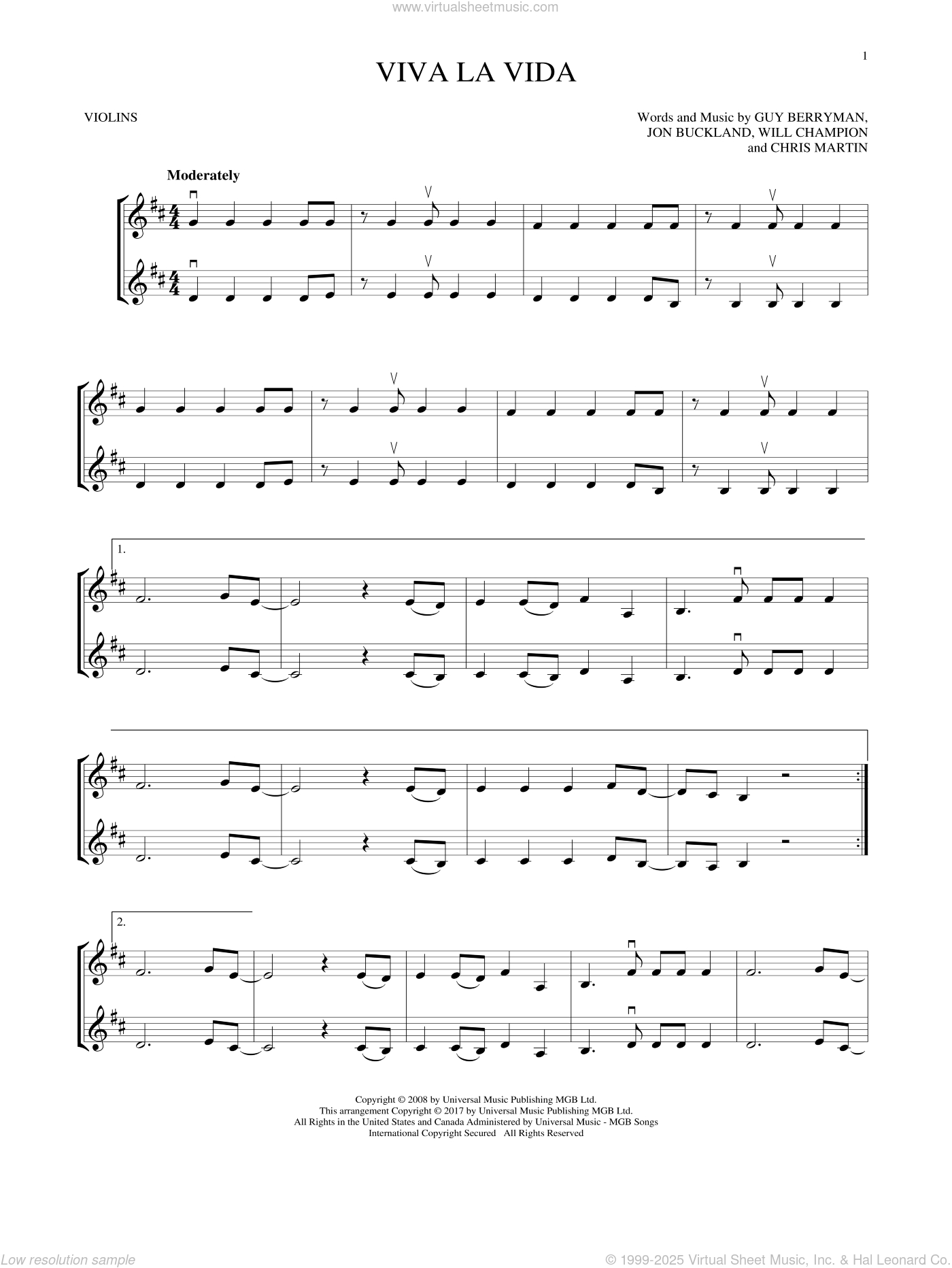 Viva La Vida Sheet Music For Two Violins (Duets, Violin Duets) with regard to Free Printable Violin Sheet Music For Viva La Vida