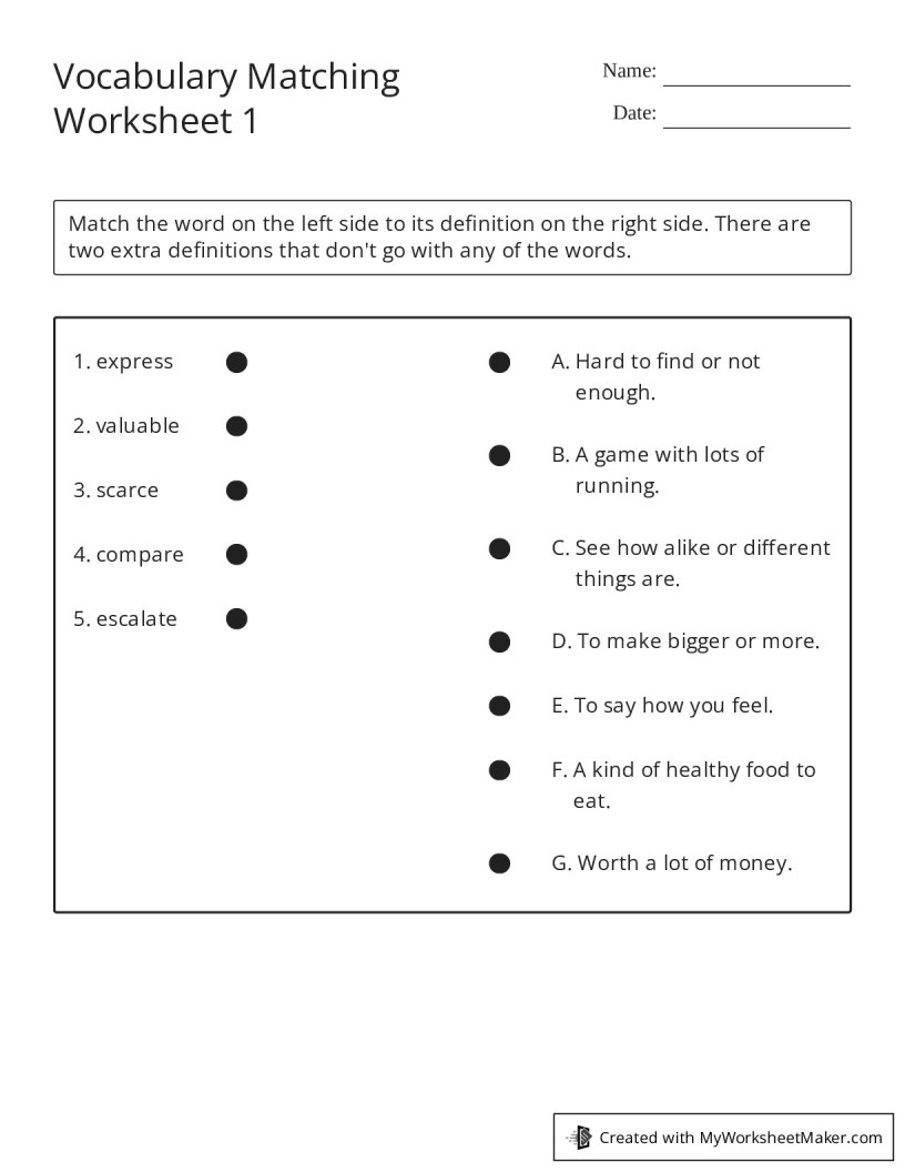 Vocabulary Matching Worksheet 1 - My Worksheet Maker: Create Your within Free Printable Vocabulary Quiz Maker