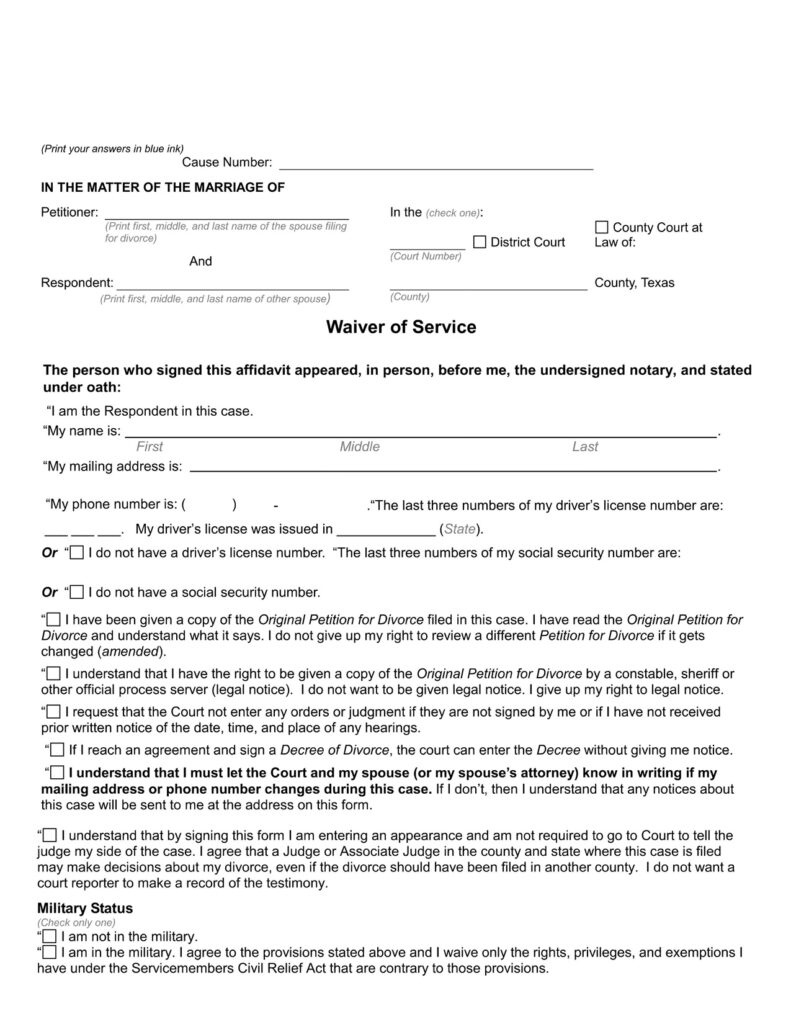 Waiver Of Service (Texas) - Download Pdf Form regarding Free Printable Divorce Forms Texas